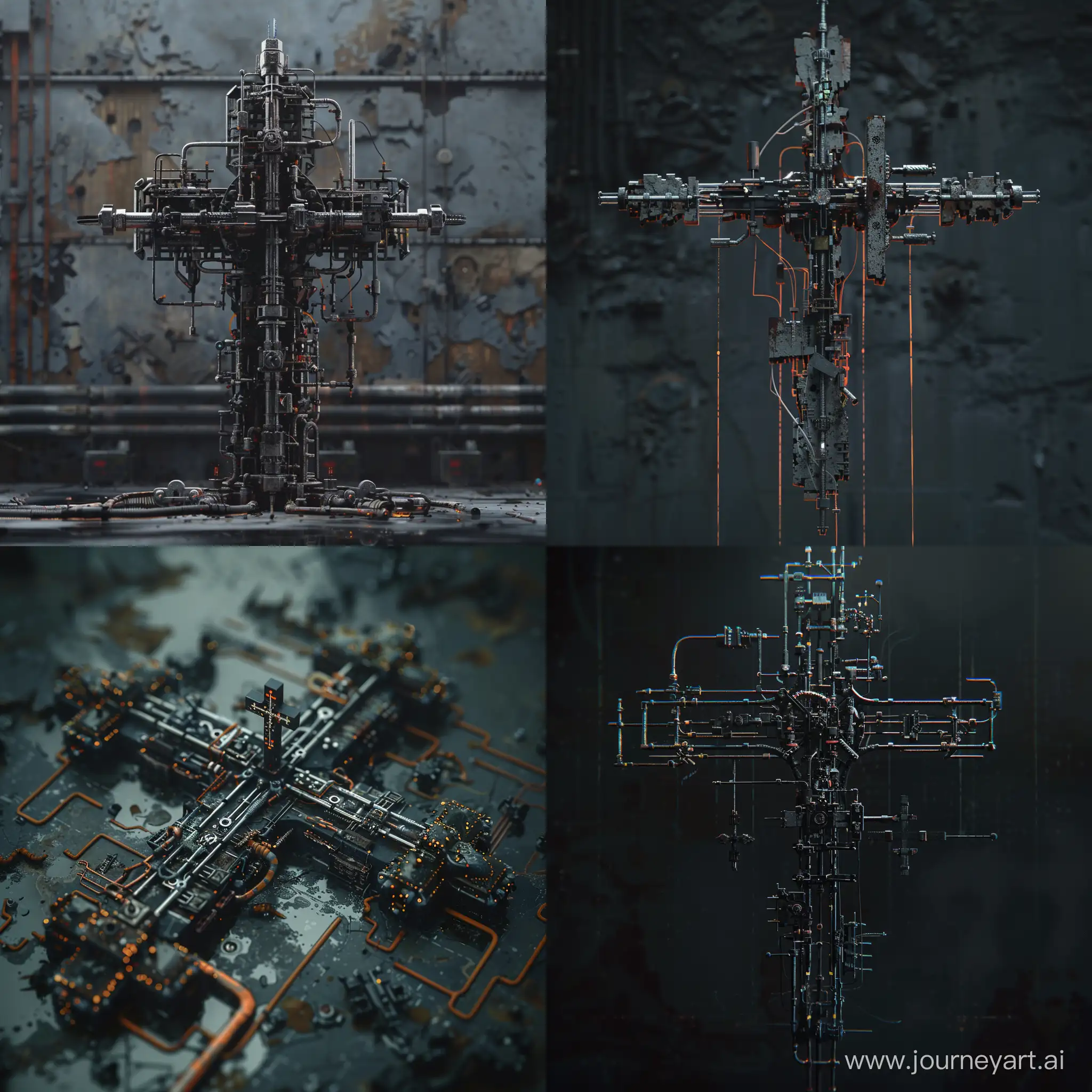 concepts of thin cyberpunk church cross. made of metal parts, thin iron pipes and wires. Noir. A map of sprites. minimalism. post-apocalypse, brutalism. 8k. photorealism, unreal engine