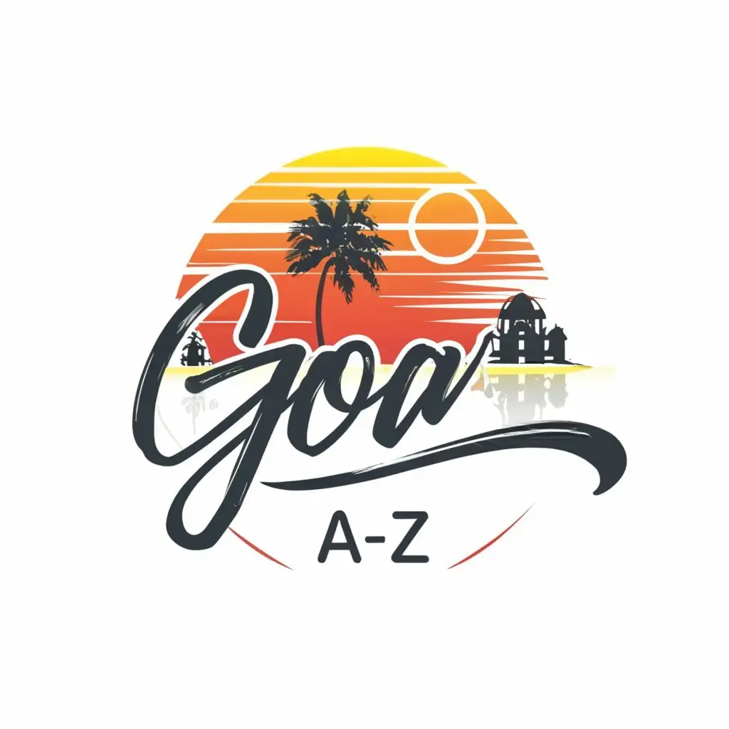 a logo design,with the text "Goa A-Z", main symbol:palm tree, sunset, mountain, goa,complex,be used in Travel industry,clear background