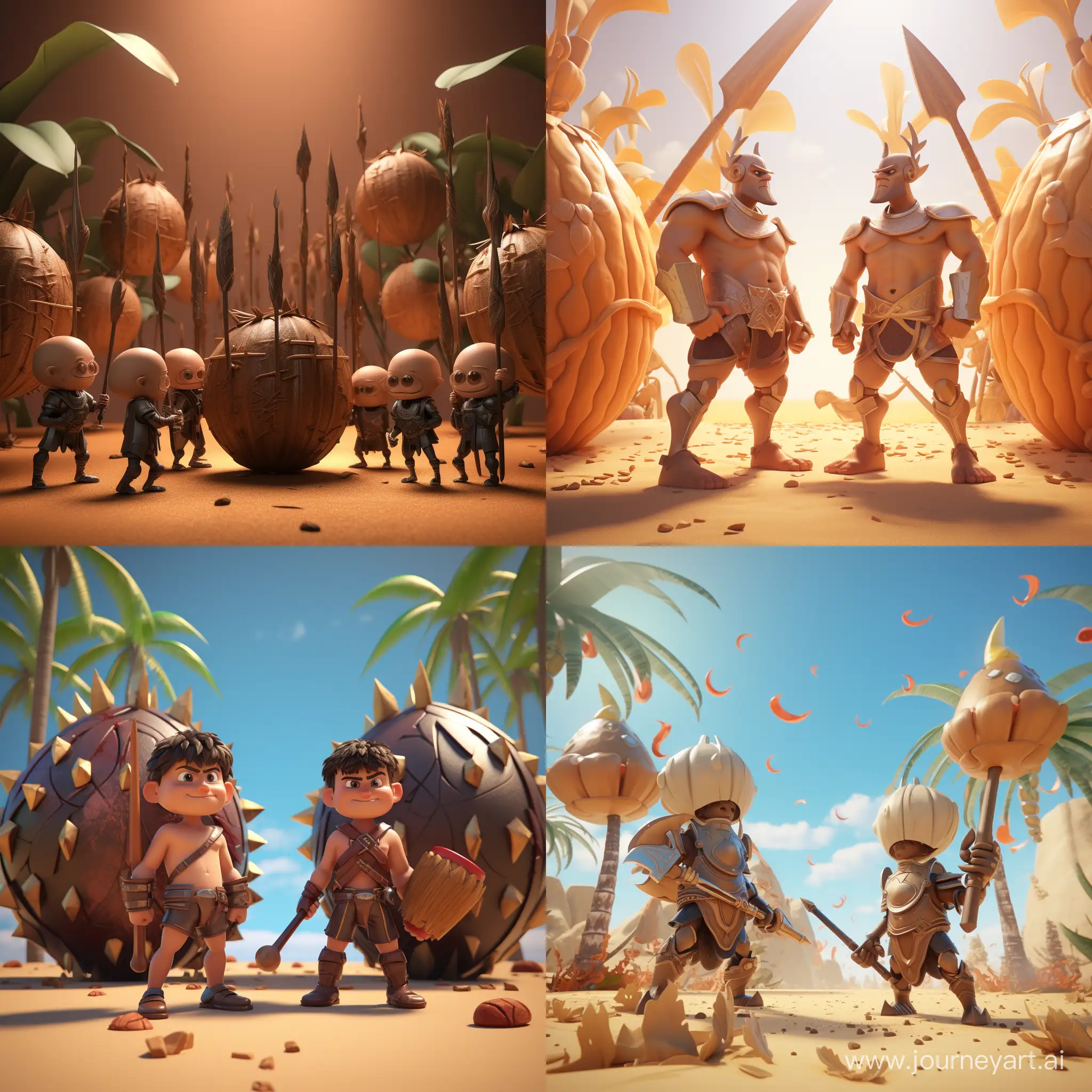 Talking coconuts with arms and legs holding spears and shields. 3D animation 