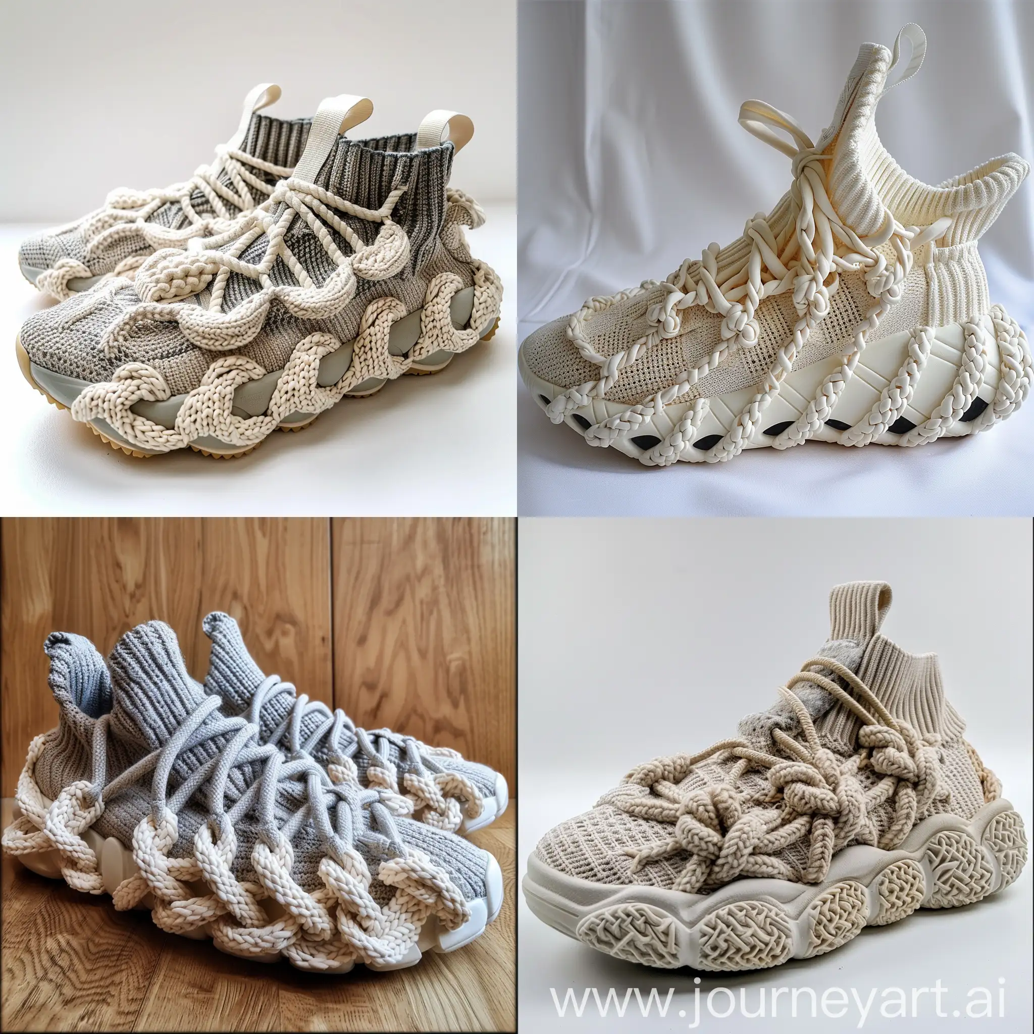 Sneakers design , inspiration by knitted fabrics , some knitted cables on it , rubber midsole , cable knitted on midsole , chunky , trendy , color black/cream , knitted laces , circle of 5 laces on the top of sneakers , low neck