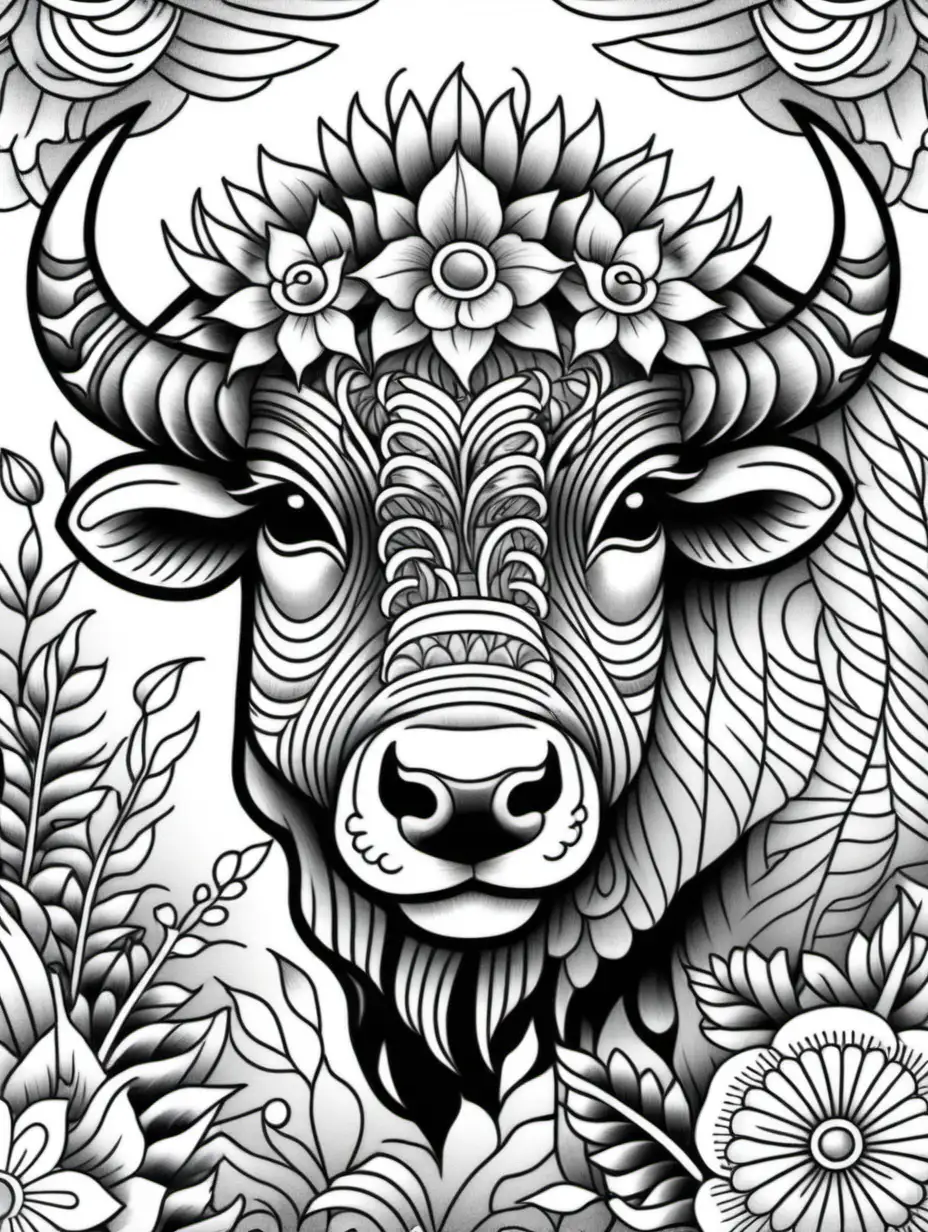 bison tattoo, coloring book page, floral doodle background, black and white, no shading, bold black lines, crisp edges, full page, color by number
