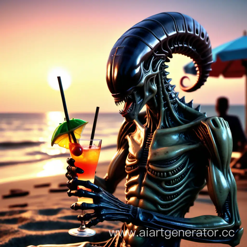 Ксеноморф, попивающий коктейль на пляже, на фоне заката. реализм, 4k
