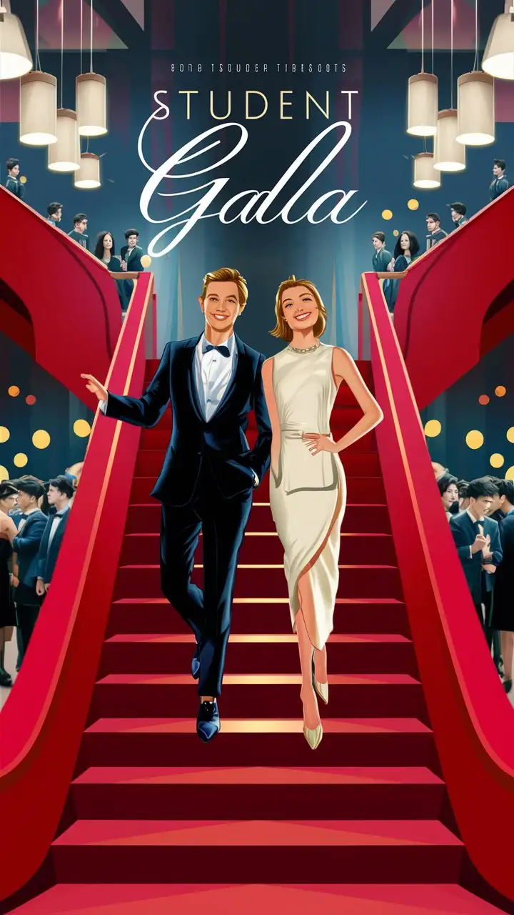 Create a poster for a student gala.
 this poster, we should see two people elegantly, dressed in a classy manner, taking up one-fifth of the poster. They should be at the top of a red staircase. 