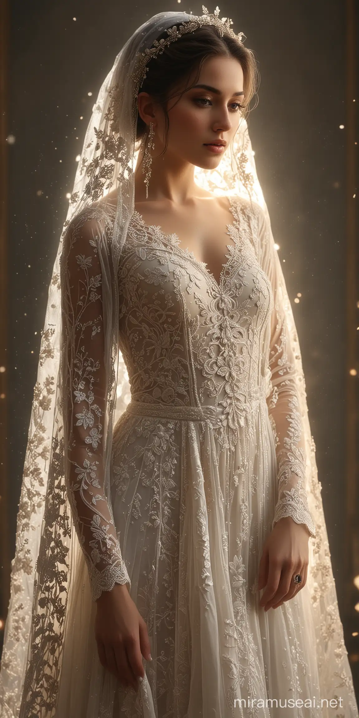 full body shot, A graceful woman with a veil and hair ornaments wearing a delicate angelic dress with intricate lace and delicate embroidery, surrounded by soft light. The artwork should have a cinematic feel with dramatic lighting and mystical settings. The artist's style was to be realistic and highly detailed, taking inspiration from the work of Victoria Frances and Nene Thomas. Resolution must be 4K or higher, by Artgerm, 4k, natural light, white head crown with full ornaments, perfection, very high resolution, hijab wedding, fireflies, fireflies