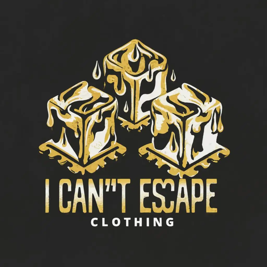 a logo design, with gold text 'I Can't Escape Clothing', main symbol: Melting Ice Cubes with Water droplets and the Ice Cubes have prison bars in the middle of them, Moderate, white background
