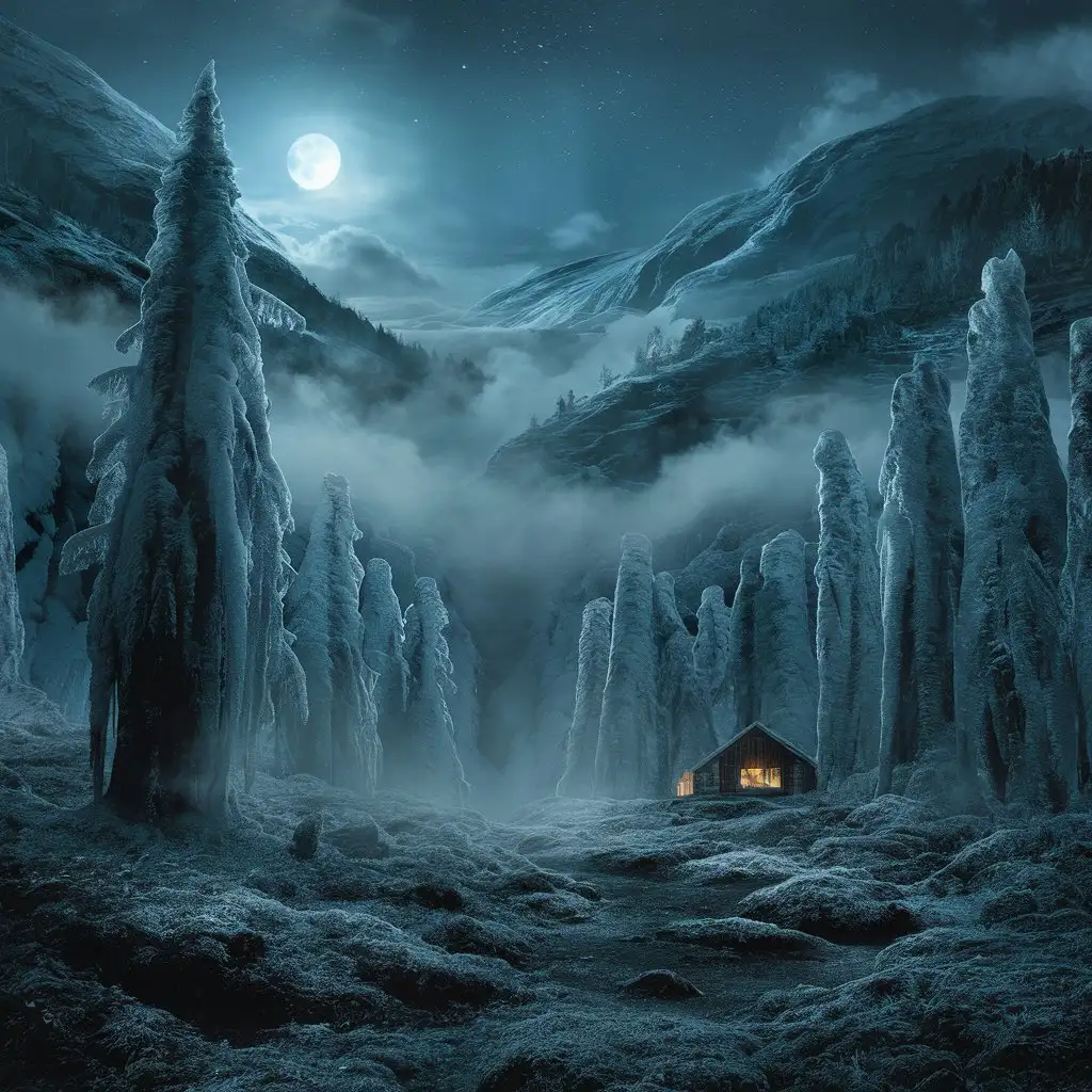 fantasy forest in norway misty mountain ice  starlight  trees norwegian woods