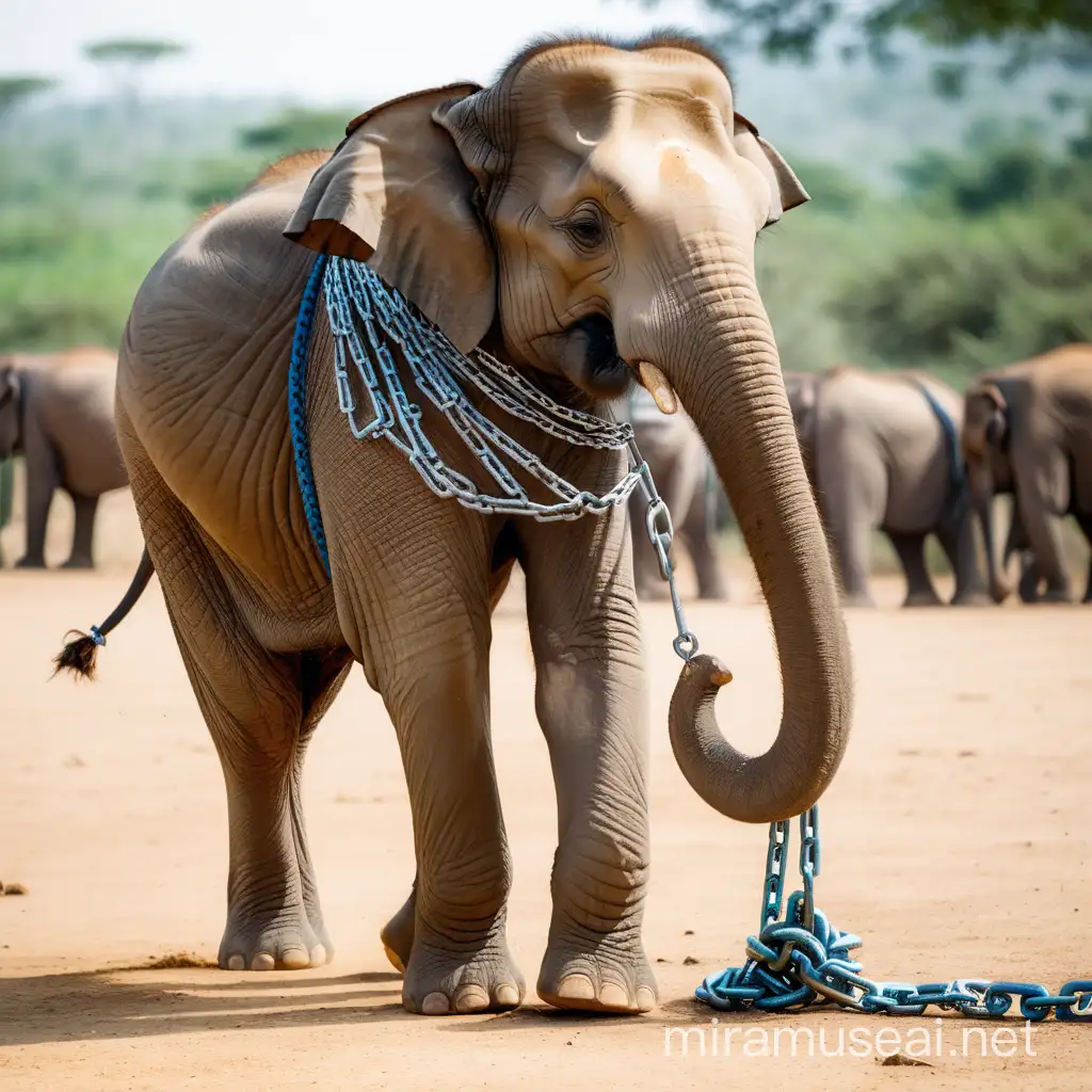 An elephant is tied to its legs with a small chain