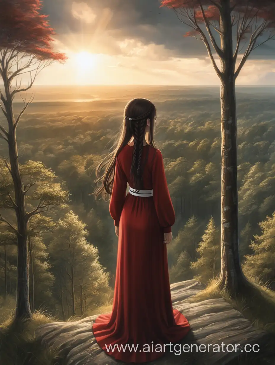 Brunette-Girl-in-Red-Dress-Standing-in-Sunlit-Forest