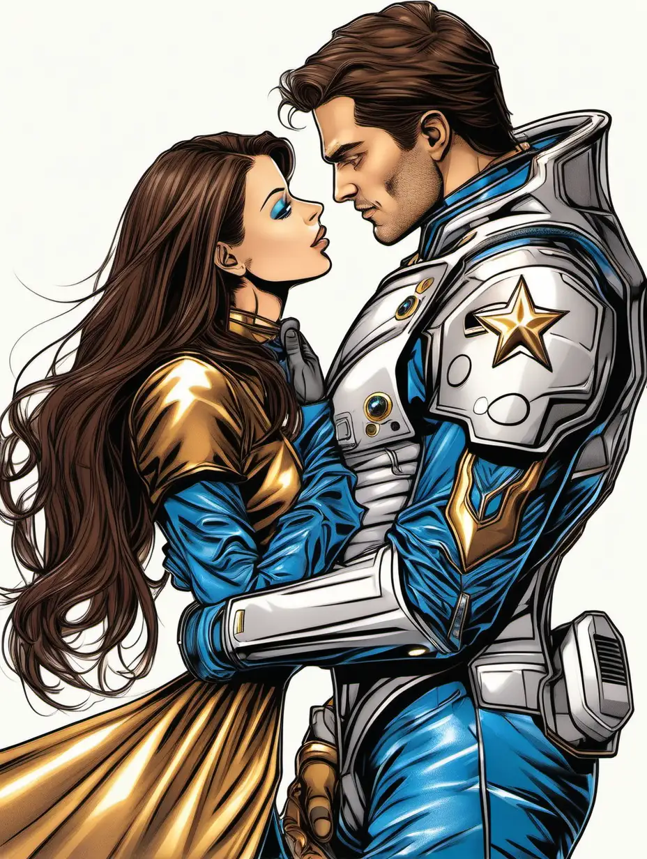 Stylish Man in Space Suit Kisses Woman in Blue Armor