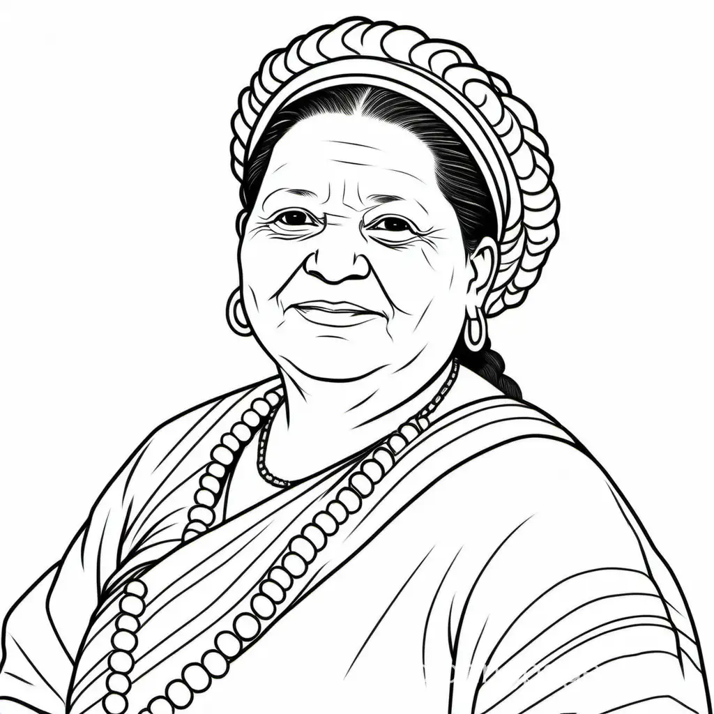 Rigoberta Menchú , Coloring Page, black and white, line art, white background, Simplicity, Ample White Space. The background of the coloring page is plain white to make it easy for young children to color within the lines. The outlines of all the subjects are easy to distinguish, making it simple for kids to color without too much difficulty