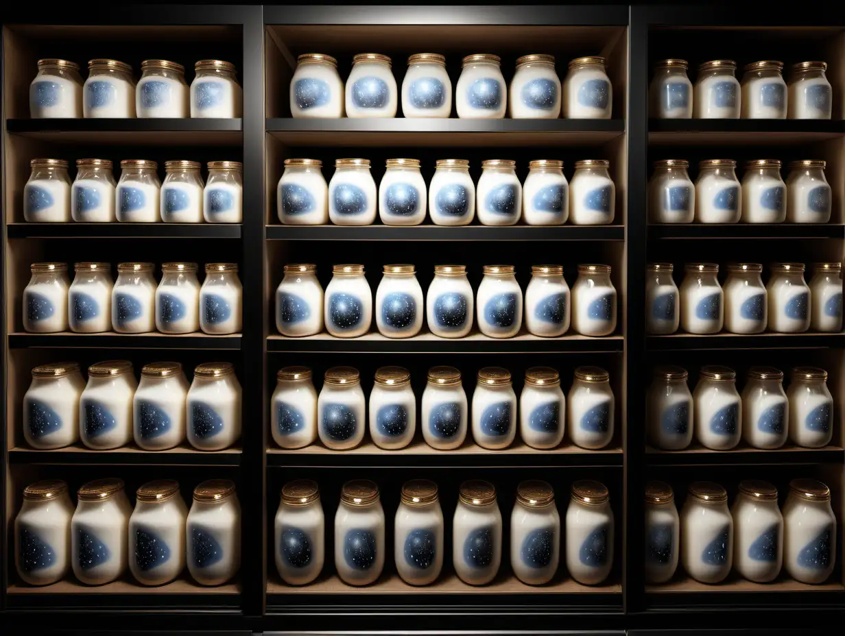 multiple shelves holding large jars of milk. very intricately and microscopically detailed. adorned with celestial elements. emphasizing the smooth and creaminess of the milk. set in a dark and cold walk-in freezer.