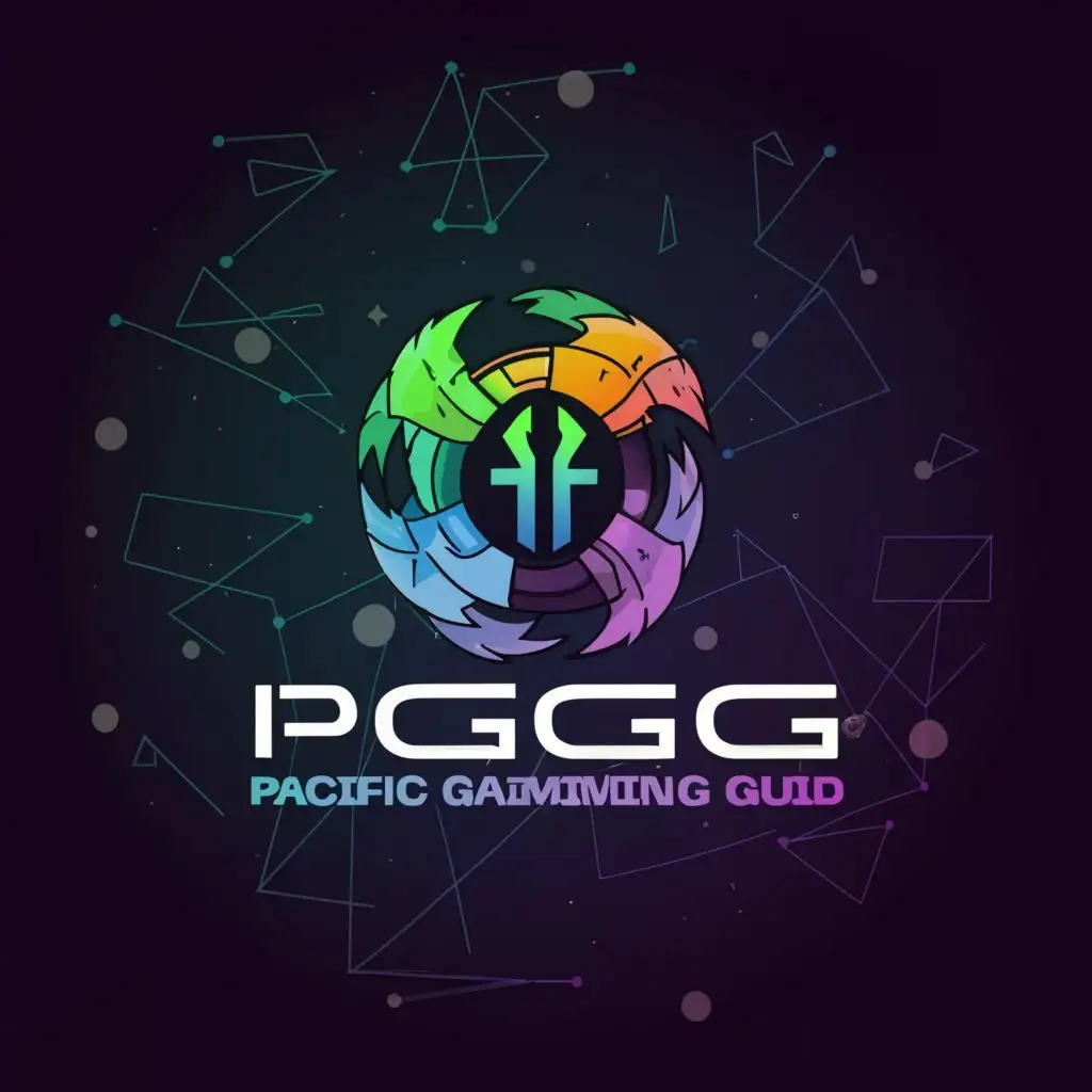 a logo design,with the text "(PGG) PACIFIC GAMING GUILD", main symbol:collective of Play to Earn gamers, scholars, investors, traders, and managers operating in the Web3 space. The guild's primary mission is to educate its members about cryptocurrency, provide insights on how to profit from it, and broaden their understanding of the field. Additionally, it aims to unlock more opportunities in the crypto world.,Moderate,be used in Entertainment industry,clear background