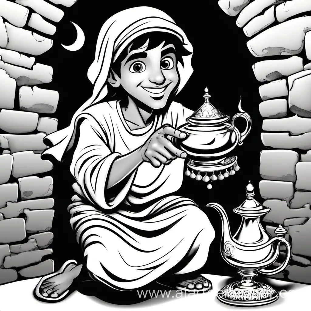 Whimsical-Black-and-White-Cartoon-Arabian-Boy-Conjuring-Magic-with-Aladdins-Lamp