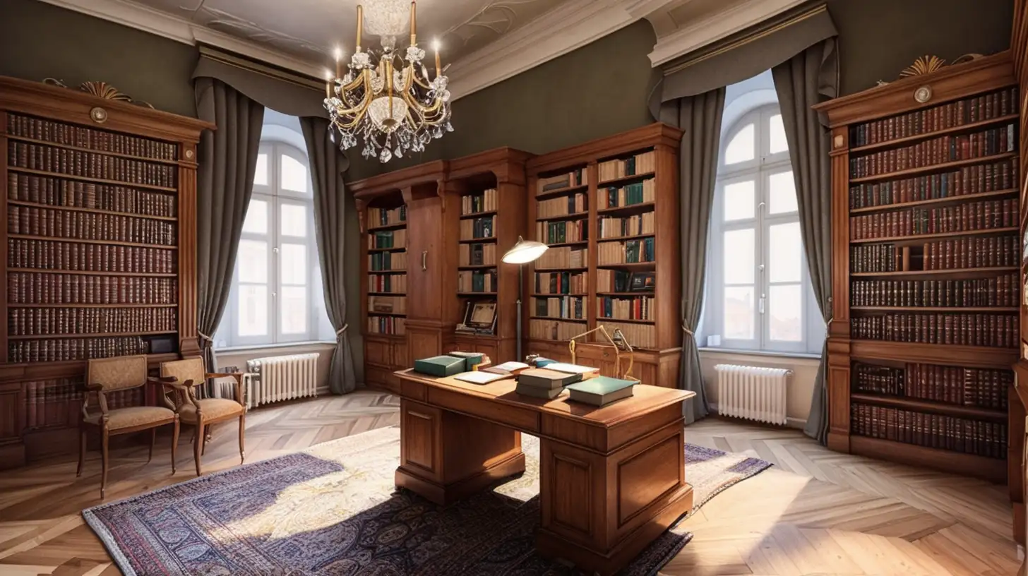 oficina con biblioteca en una casa antigua de praga 1800