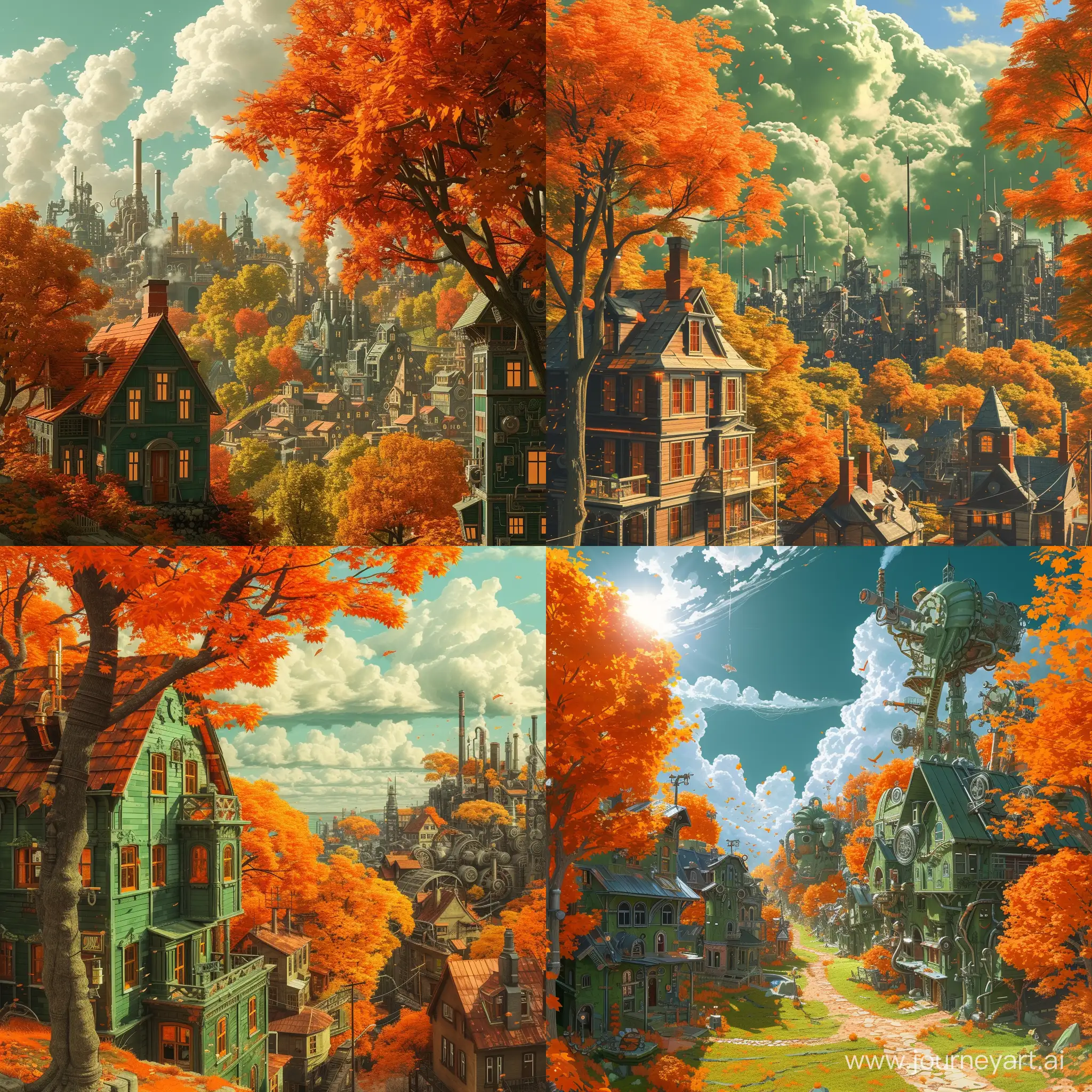 A masterpiece, The best quality, High-quality, extremely detailed green amazon wallpaper .Abstract painting using shades of orange, colorful autumn landscape in sunny weather!!!!!! Houses and maple trees are visible!!!!!!A huge steampunk city is visible!!!!!! unusual buildings are visible !!!! ((masterpiece)), ((Best quality)) , high detail,, highest detail, high_Detail, , HDR, photorealistic,bright colors, modern oil painting, in the style of Daniel Conway,Franz Steiner, Reid Southen , Radojavor sunset, exquisite matte painting, matte 4k painting, landscape, outdoor, sky, cloud, firmament, inhumans, , award-winning photography,, depth of field, HDR, photorealism, highly detailed, complex, highly detailed, dramatic,highly detailed steampunk