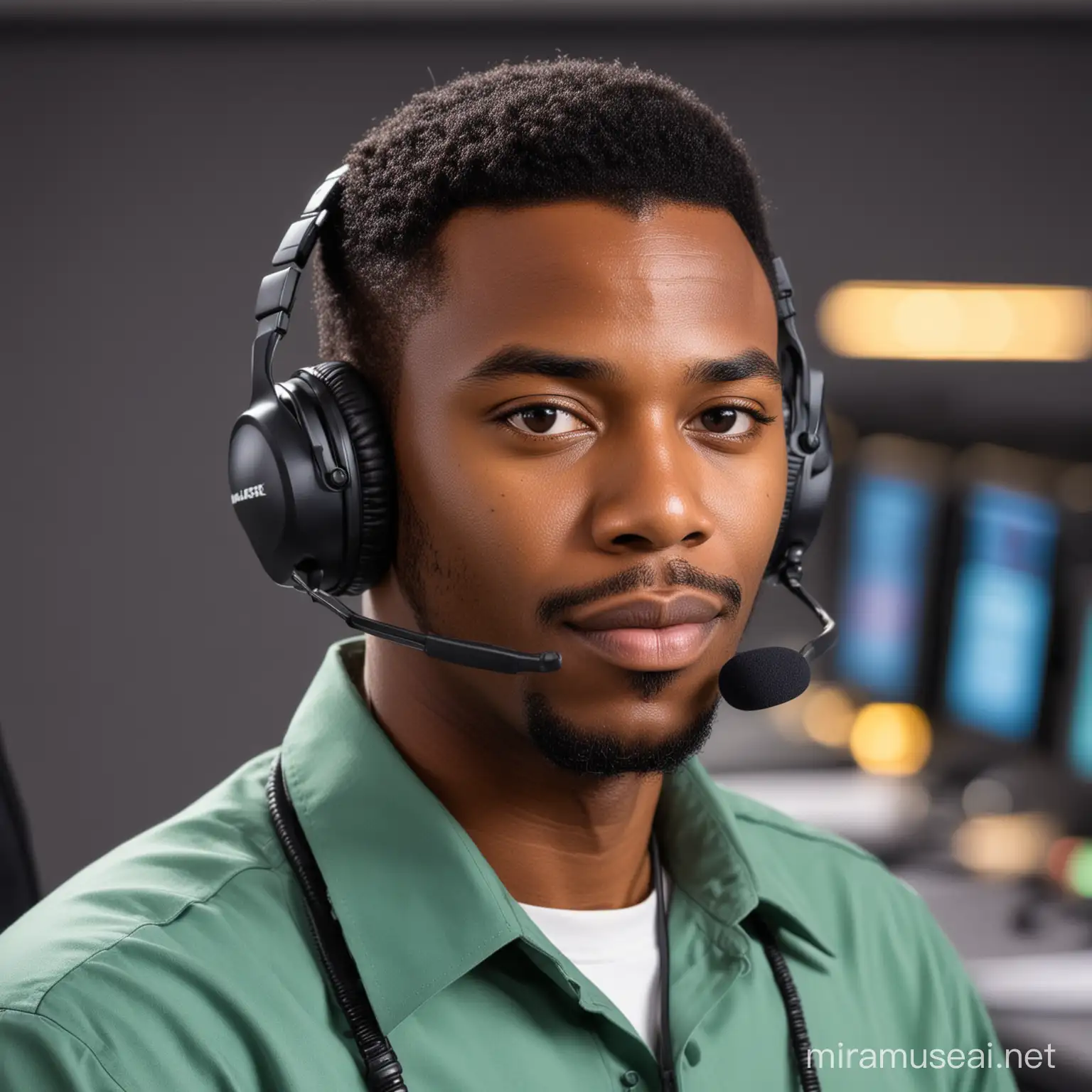 Black Male Air Traffic Controller Wearing Headset in Control Tower