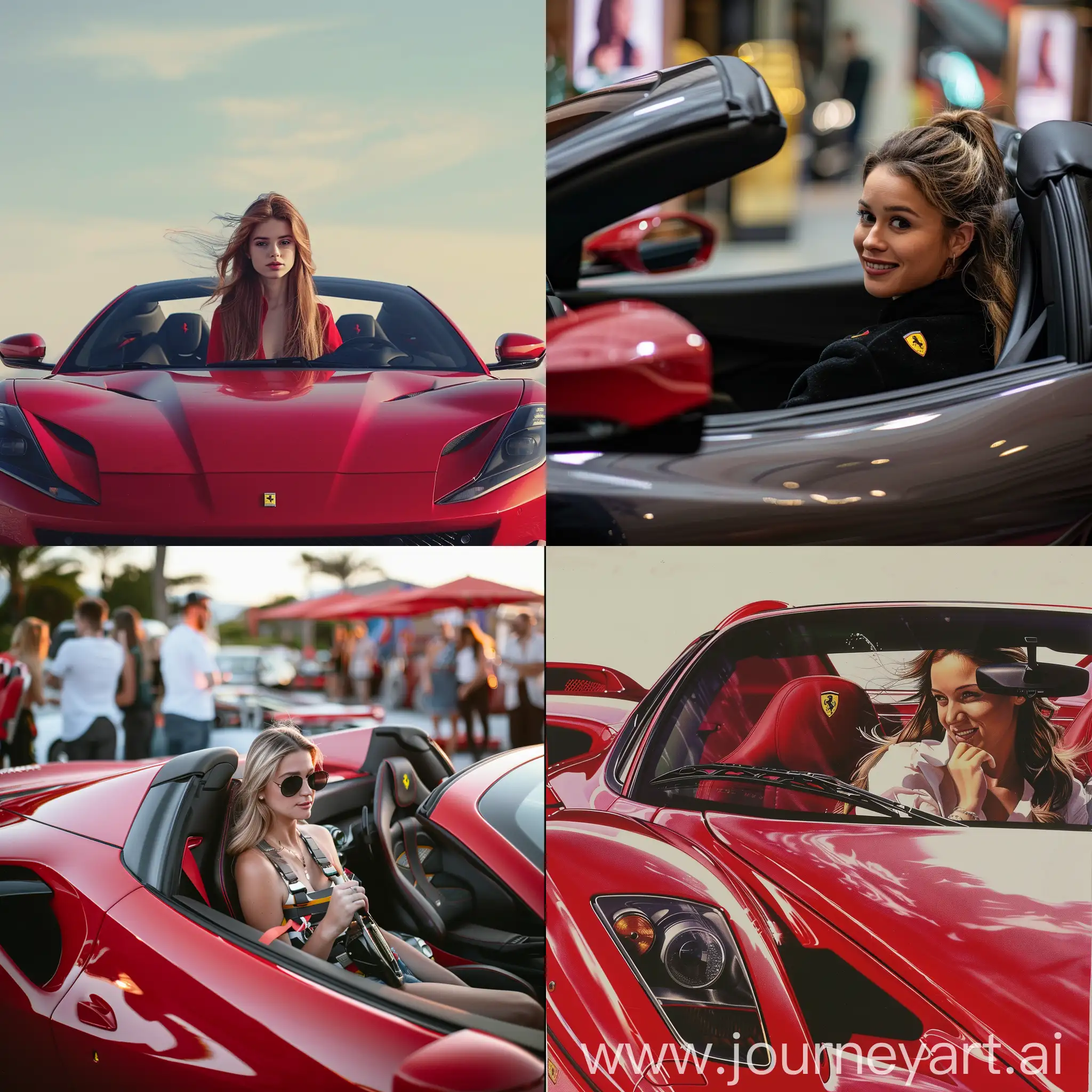 Young-Woman-Driving-Red-Ferrari-Sports-Car