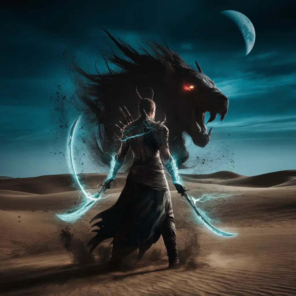 fighter with psychic blades, manifesting beast, in desert
