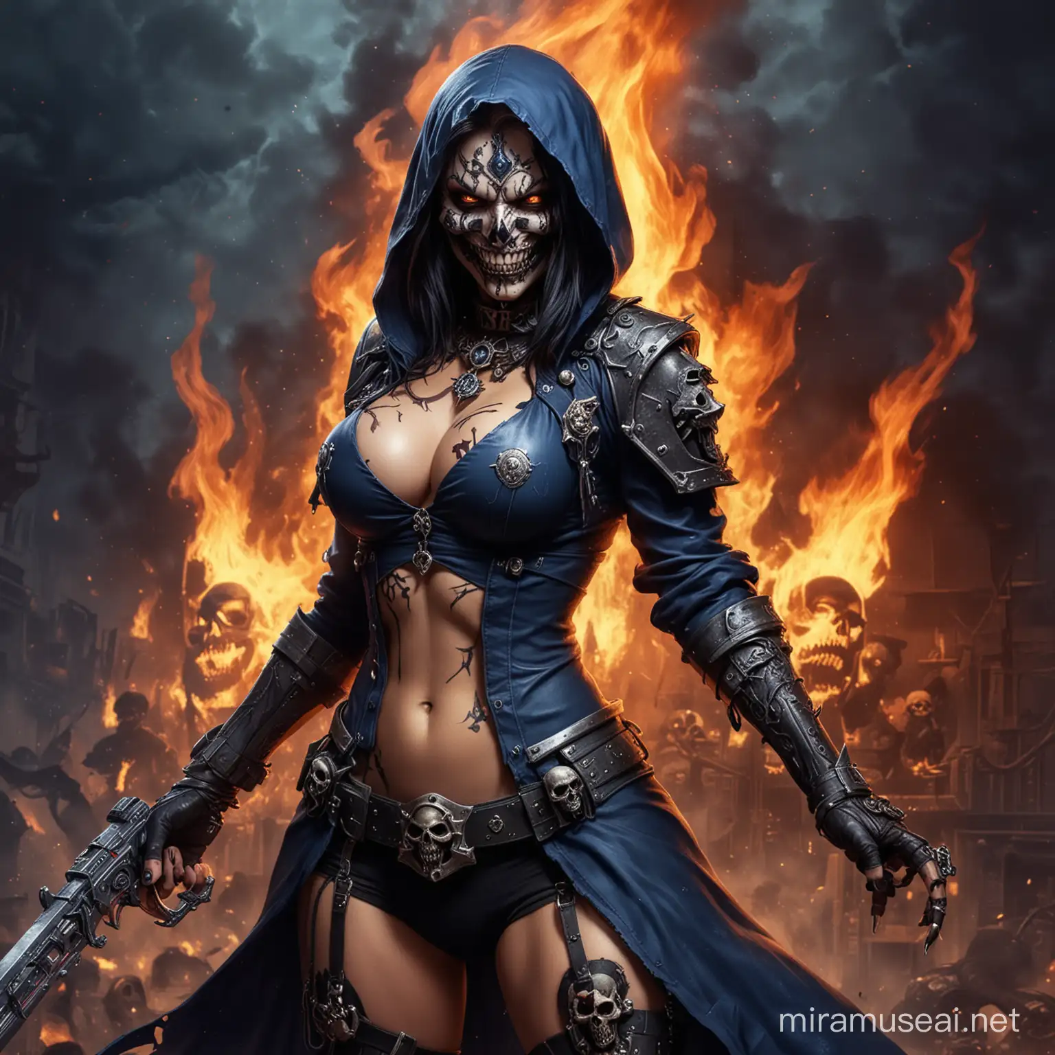 Female,, sexy, Leader, Warhammer 40k, Cultist, Crazy, Erotic, Burning Background, Chaos Tatoo, Skulls, Mask, crazy, dark blue cloth, blood, crazy smile, Full Body