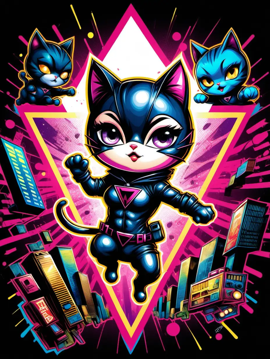 2d poster style, old style poster drawing, hight contrast, flat pop art style drawing of a triangle-shaped composition featuring a little naugty cute kitty daredevil, dressed like catwoman, glowing. Anime, chibi style. Big head, small body, big eyes. Cute face. The background is filled with graffiti elements, incorporating vibrant electric colors, various shapes, and dynamic lights. The overall image should be lively, colorful, and reflective of contemporary youth culture, embodying the energetic spirit of pop art. Drawing must be in 2d flat style, popart. 