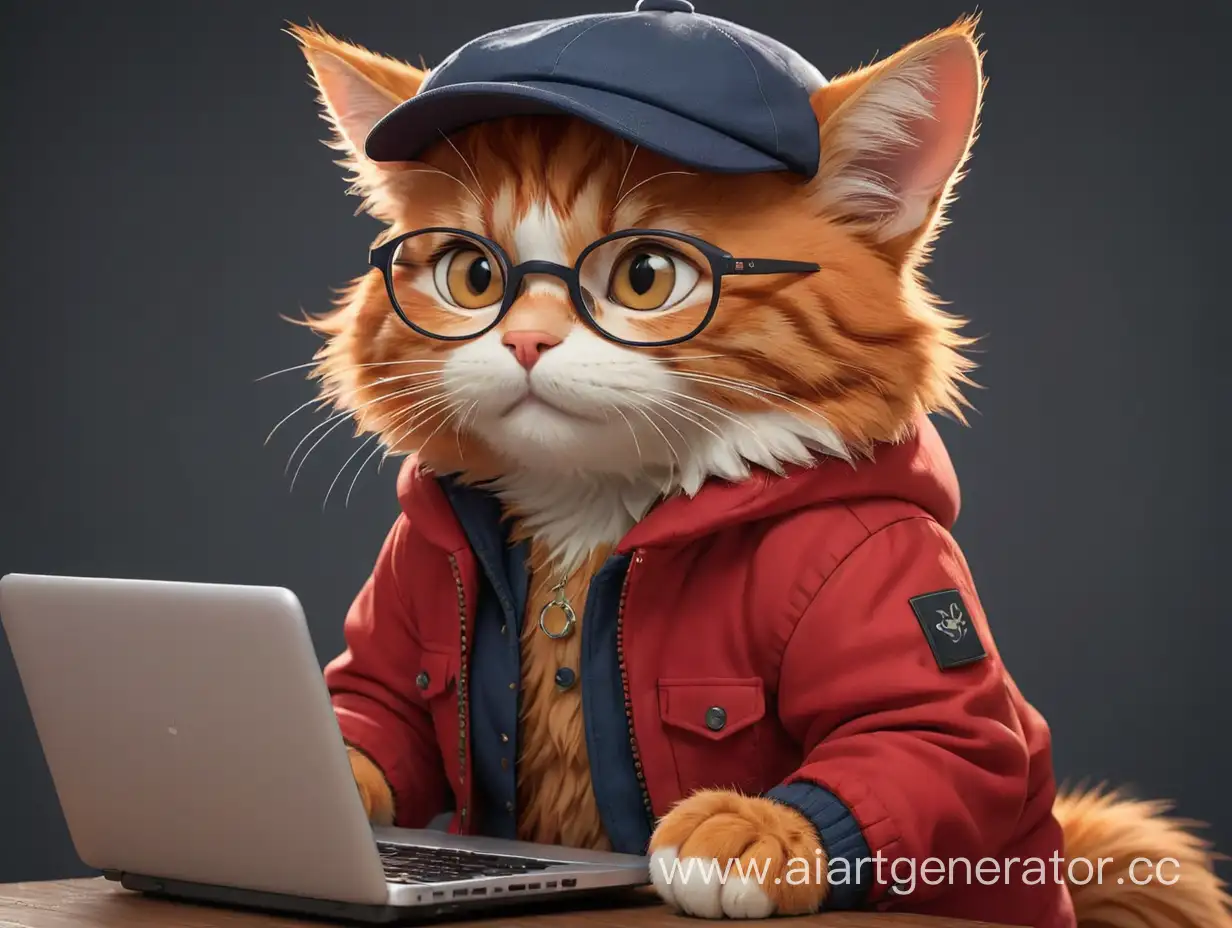 cute red cat programmer, wearing a cap, glasses, a red jacket, holding a laptop in his hands, detail