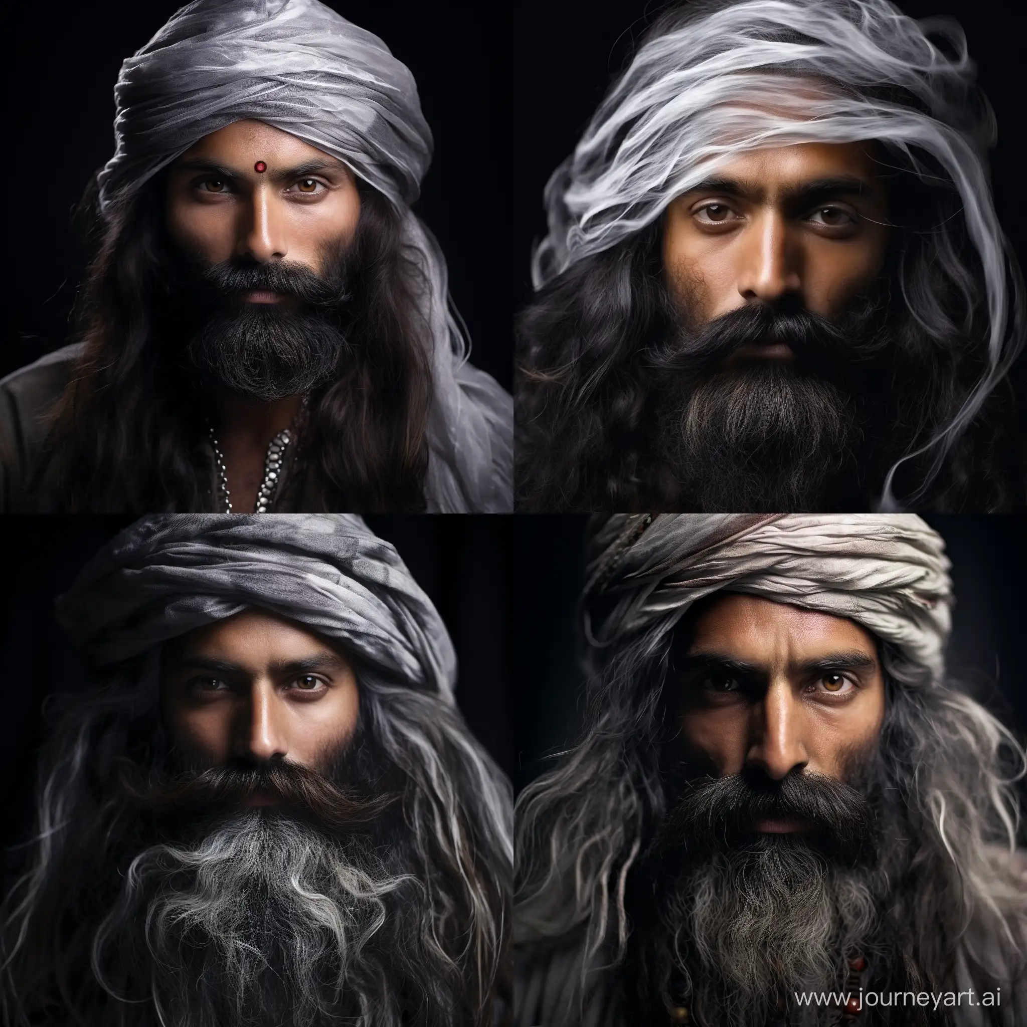 ((Ultra Long Exposure close up Photography))  face of Indian  man with long black hair, high detailed face. A turban on head, salt and pepper mustache.