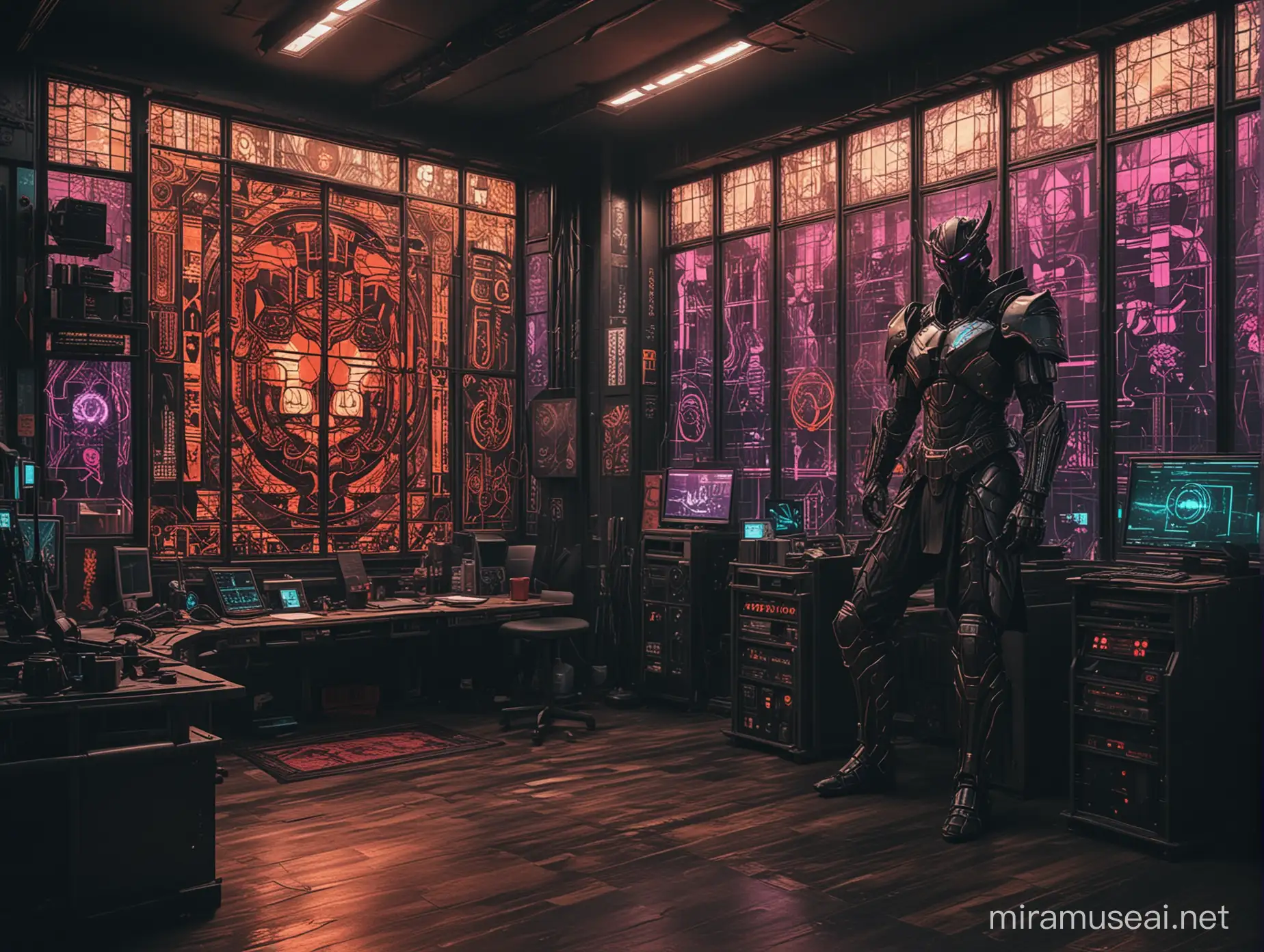 a cyberpunk tech room, in the room there is a illuminated stained glass window containing cyberpunk demon samurai cybertech armor