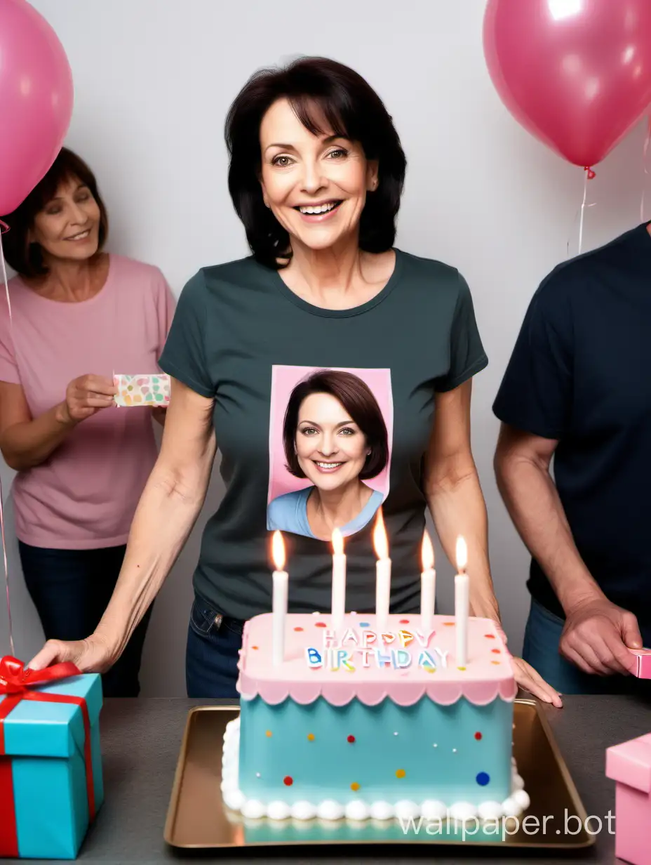The scene is of a birthday party, with a Happy Birthday banner on the wall and a birthday cake with lit candles on the table in front.
Image of a middle-aged female with medium-warm skin tone, natural makeup, chestnut brown hair, charcoal black T-shirt, and light blue jeans.
Image of a middle-aged male with medium-warm skin color, natural makeup, black hair, dark green T-shirt, and dark blue jeans.
At a middle-aged woman's birthday party, a middle-aged man was handing her a pink gift box. Behind her there were people celebrating her birthday.