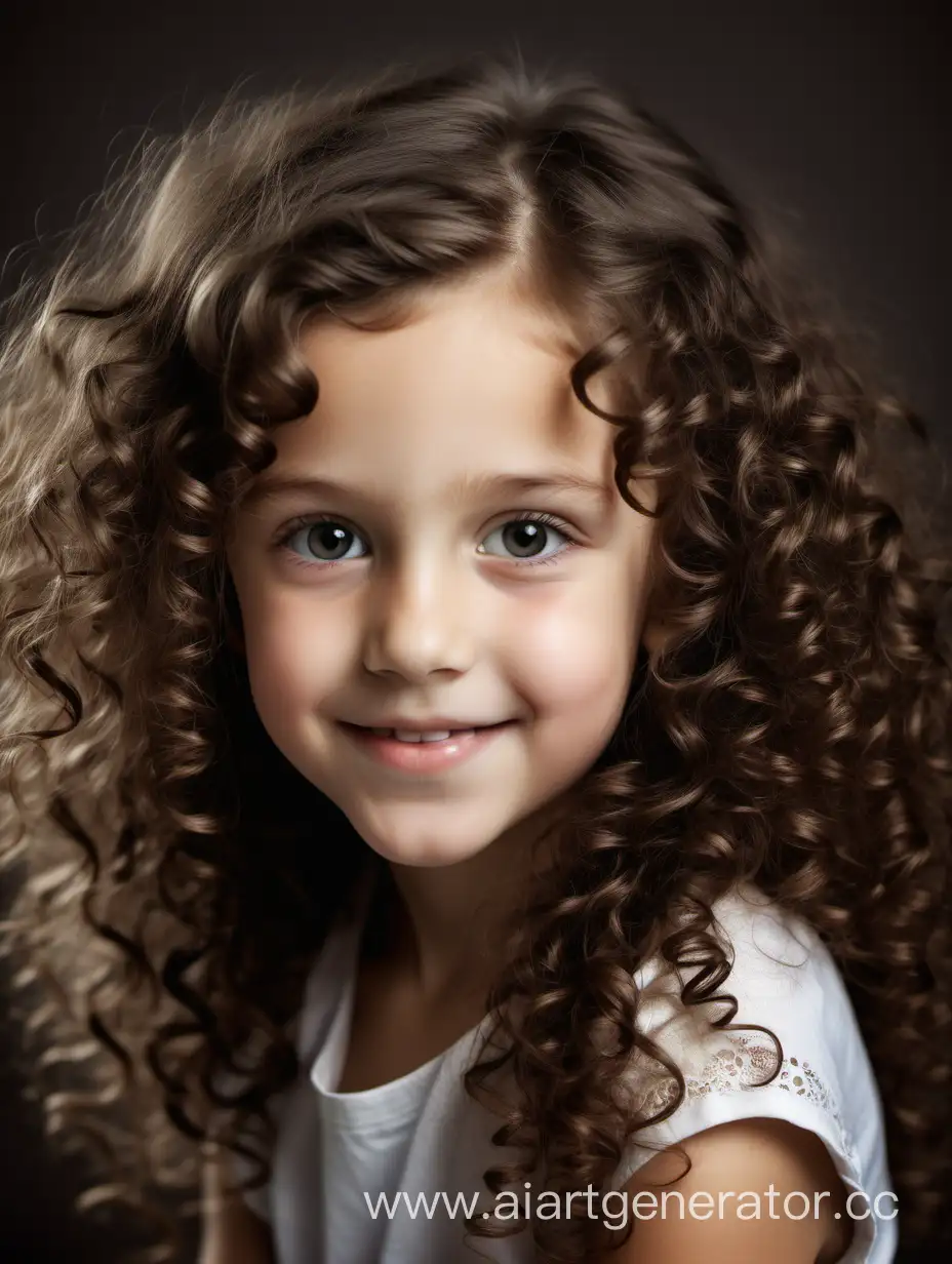 beautiful girl 8 years old, portrait, with voluminous curly dark hair