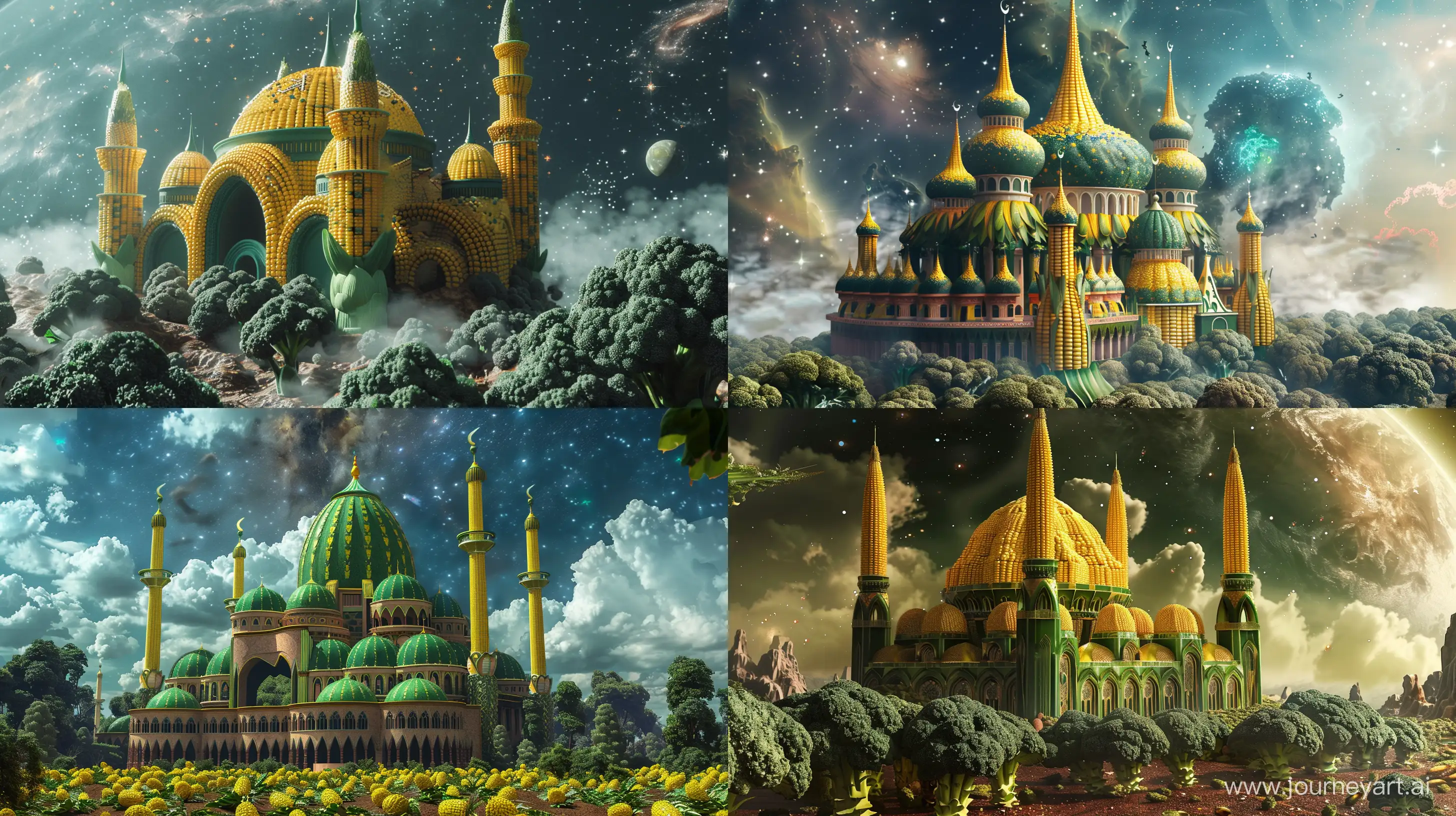 big mosque in the shape of corn and broccoli, in the galaxy, fantasy style, realistic --ar 16:9