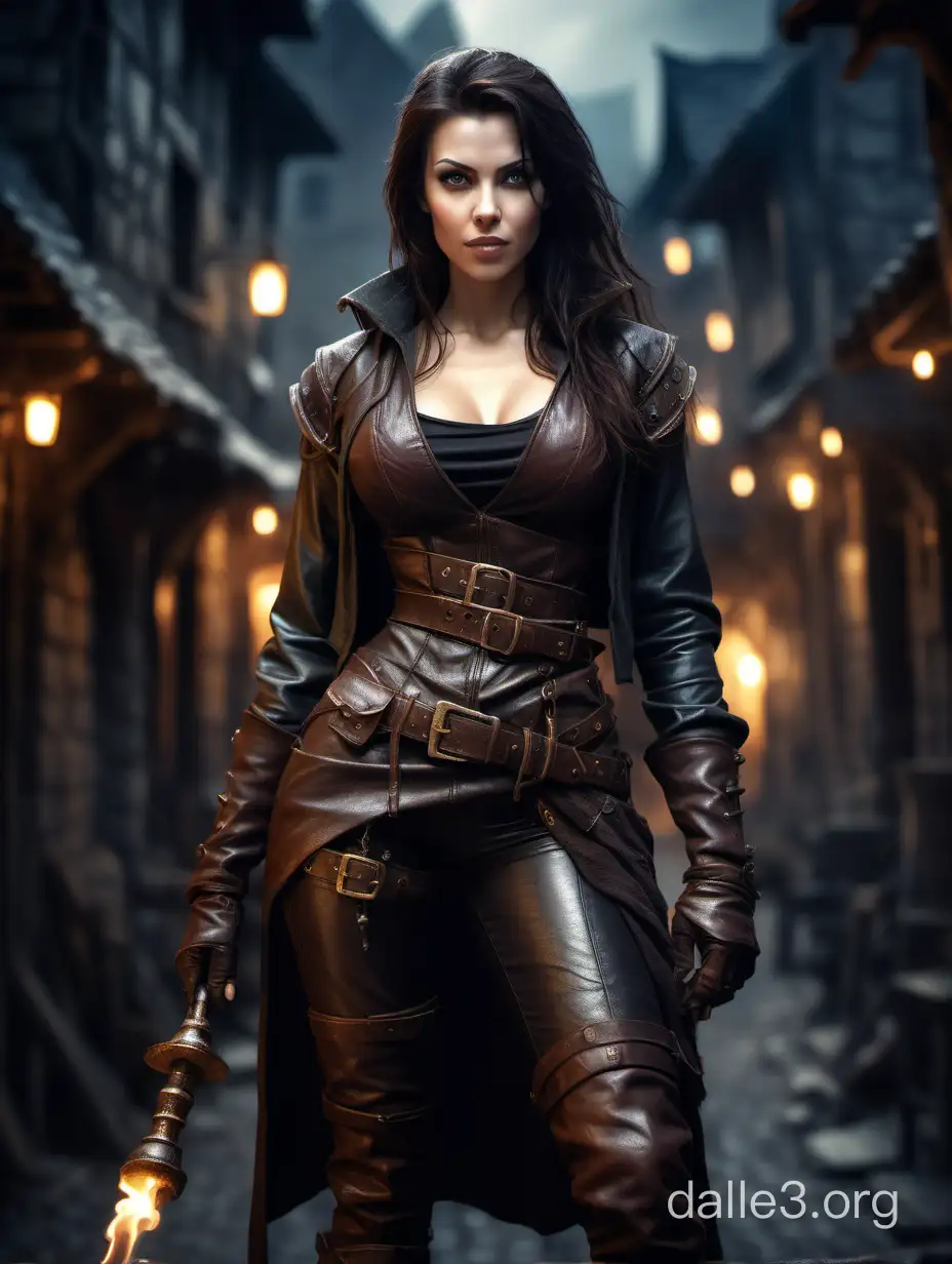 a female medieval fantasy rogue, supermodel figure. dirty, wearing thight fitting rugged leather clothes accentuating her curves. no zippers. she looks like she hasn't washed in ages, her dark hair unkempt and badly cut. her face looks hardened, she doesn't smile even though she is beautiful. the background is a dark street with torches in an ancient medieval city made of wood framig her figure. the lights create bokeh. fantasy style, character for a tabletop role-playing game. hyper-realistic digital painting in the style of dmitrymalykhin.