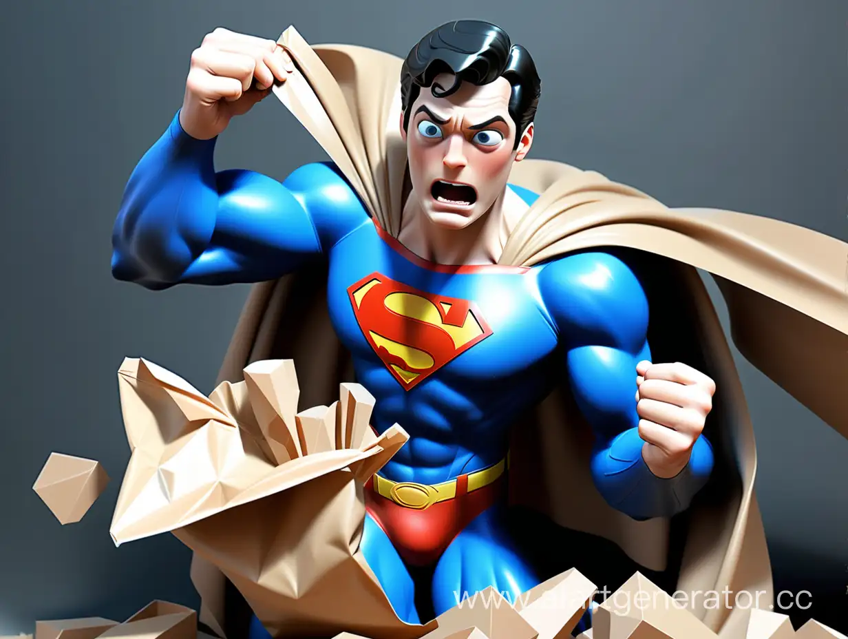 superman trying to tear up a piece of beige bag. He try do it both hand