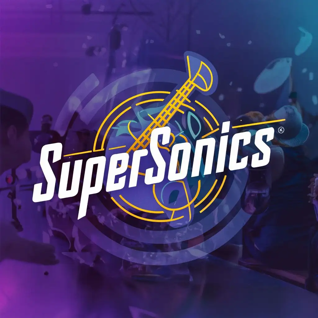 logo, Music notes, people, with the text "SuperSonics", typography, be used in Entertainment industry