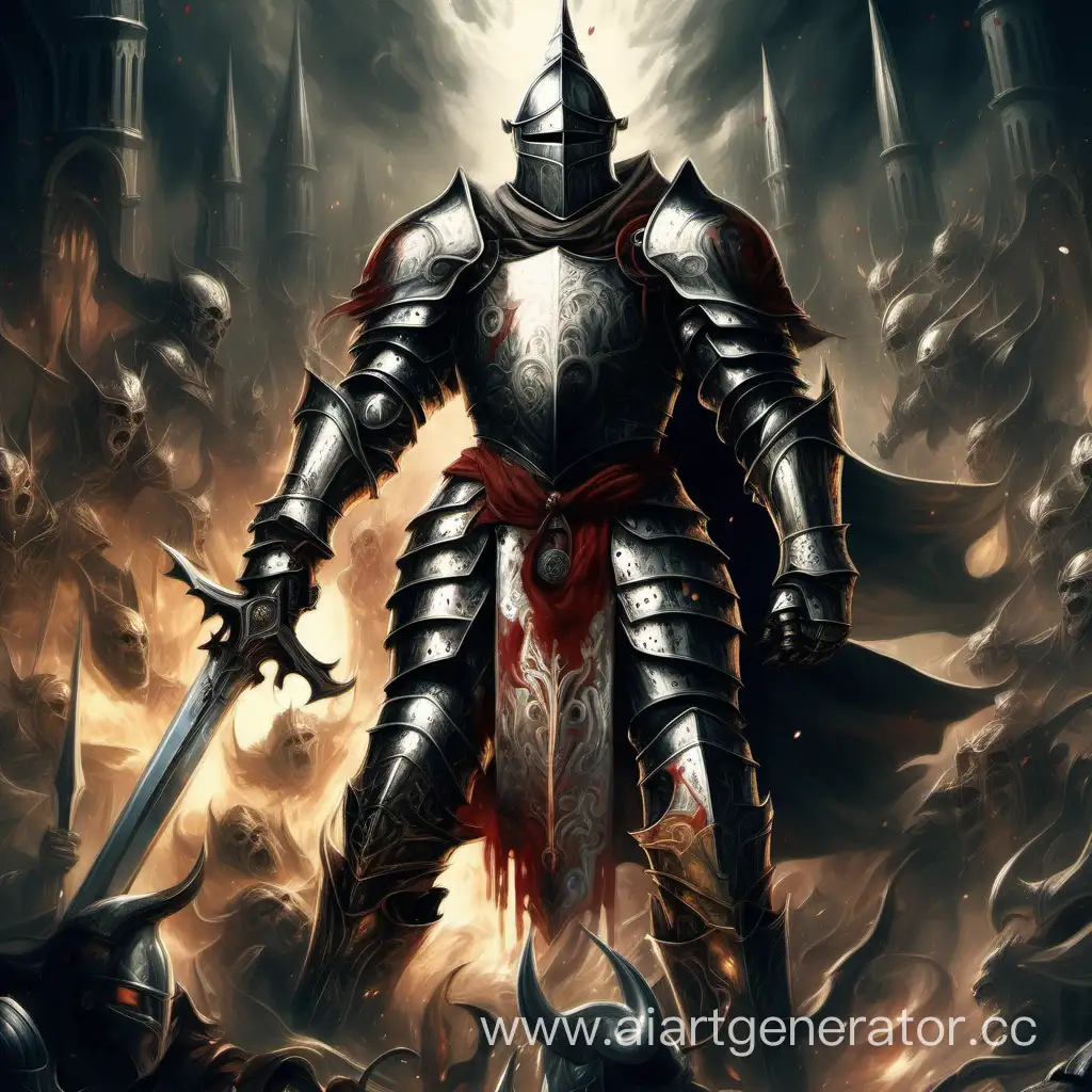 a holy knight with tormented soul fights his inner demons, the knight wears a heave steel armour decorated with symbols of worshipped all-loving god