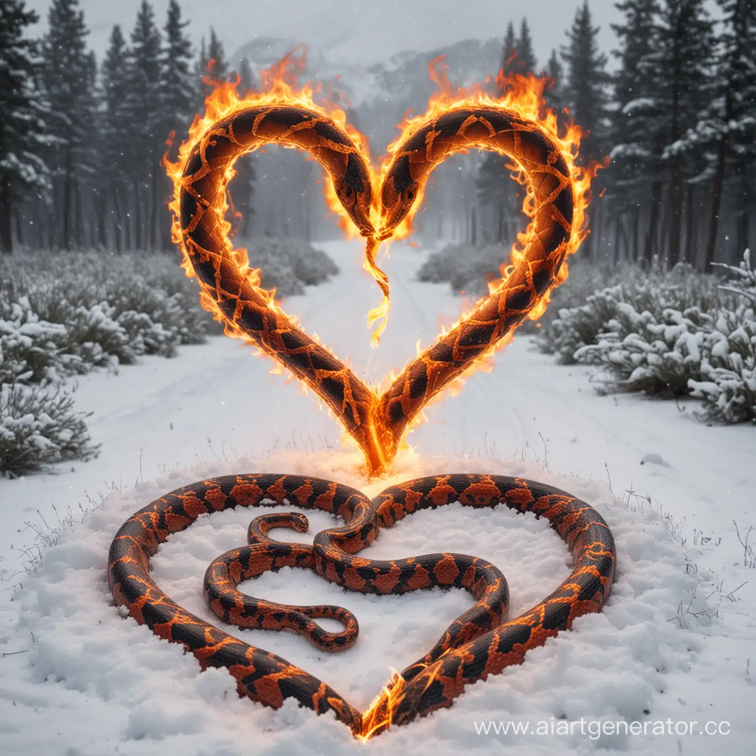 Fiery-Heart-Snake-in-Snowy-Wonderland-with-Mystic-Stream