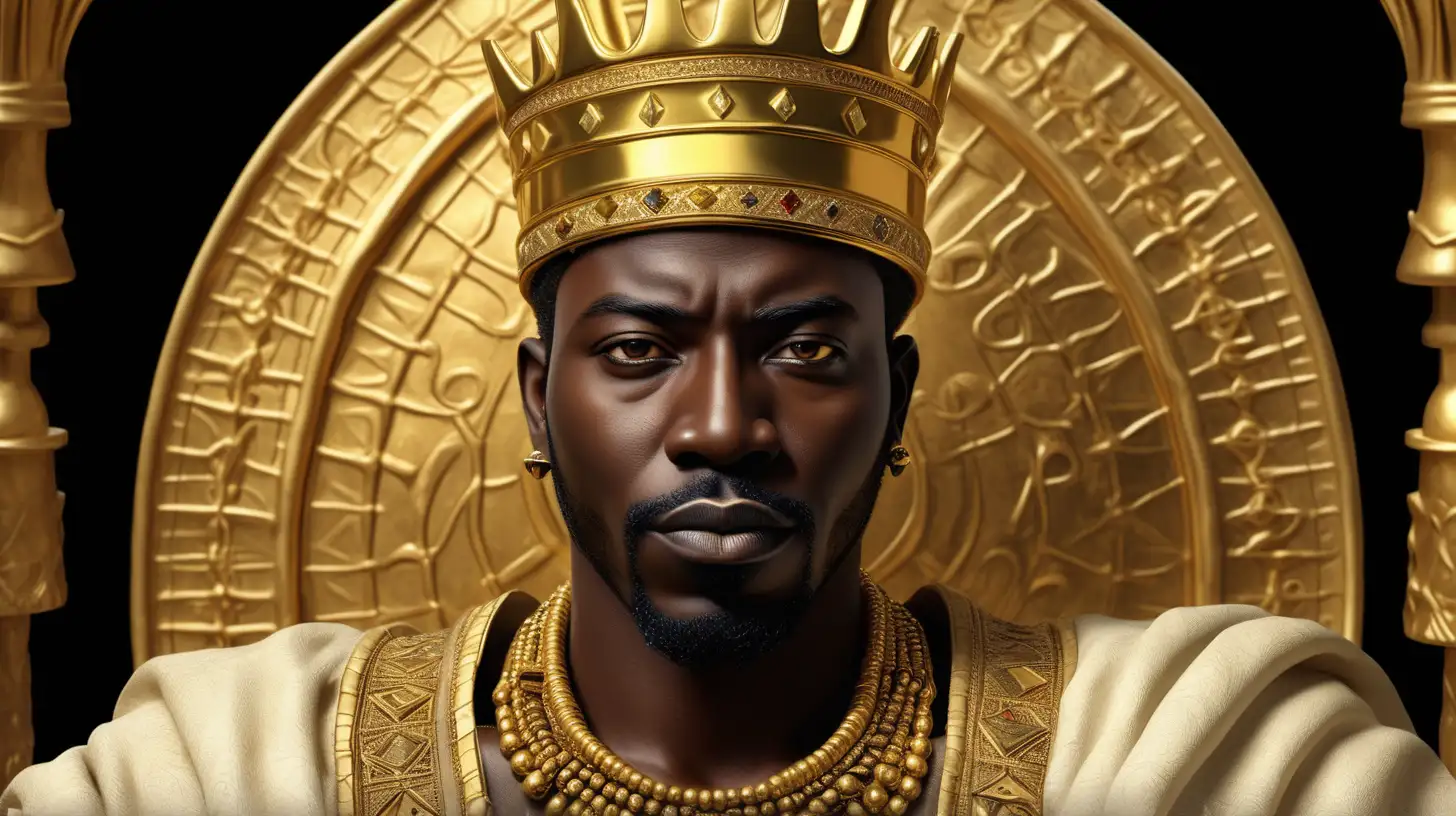Main Subject: Mansa Musa, the legendary King of Mali.
Camera Position and Angle: Close-up view, with Mansa Musa facing directly towards the camera.
Facial Expression: Regal and composed, conveying authority and confidence. Mansa Musa's eyes should express a subtle intensity.
Attire and Accessories: Mansa Musa is adorned with an ornate king's crown. He also wears gold earrings and multiple gold necklaces, emphasizing his wealth and status.
Lighting: Natural, softly highlighting Mansa Musa's facial contours and the intricacies of his jewelry.
Background: Simple with a high contrast to Mansa Musa's figure, devoid of many distracting elements.
Image Format: 16:9 ratio, ideal for wide-screen display.