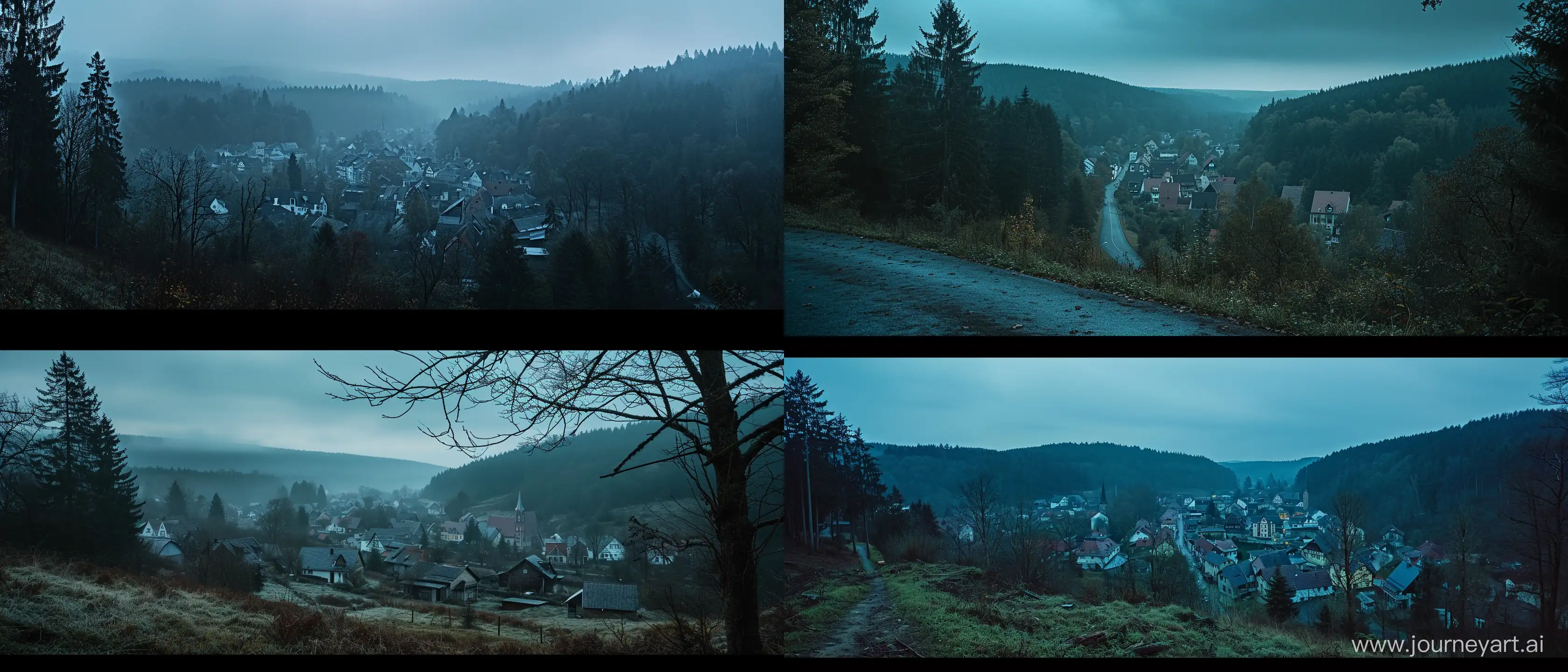 Cinematic, landscape photography, panoramic view of a small German town, forested area, moody and mysterious, reminiscent of DARK, shot with Arri Alexa, low-key lighting, twilight --ar 21:9 --v 6.0 --style raw
