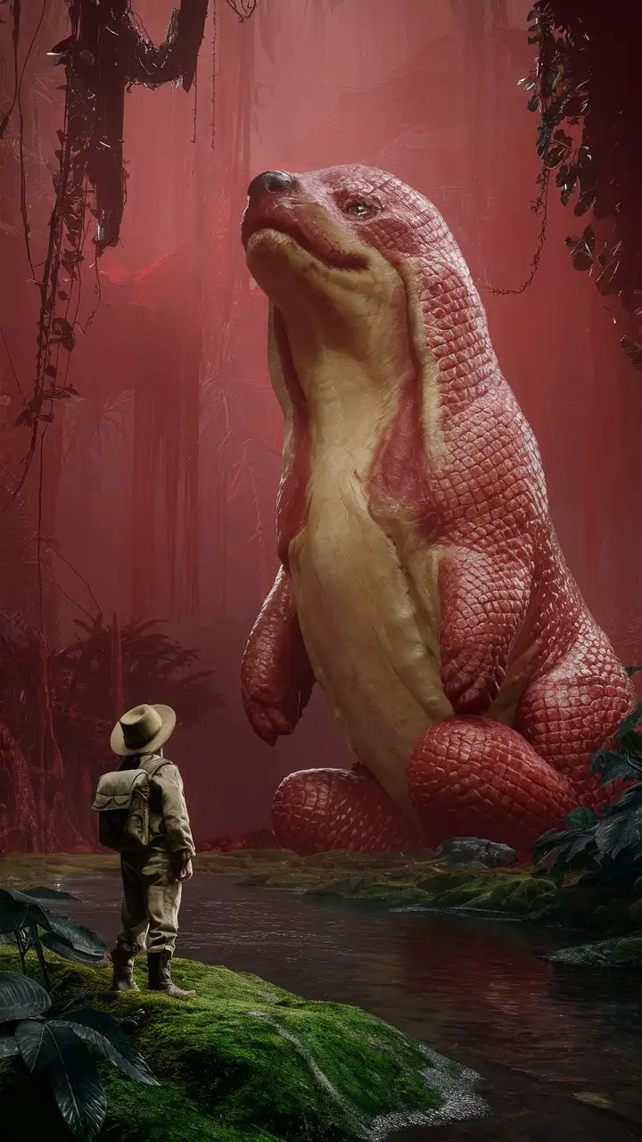 Imagine a scene in a misty, lush red jungle where a towering, colossal hot dog with scales that reflect the moisture in the air, confronts an explorer. The man, dwarfed by the hotdog’s immense size, is dressed in a classic explorer's outfit, complete with a hat and backpack. He stands on a moss-covered riverbank, looking up in awe at the gigantic creature that exudes an ancient and wise aura.