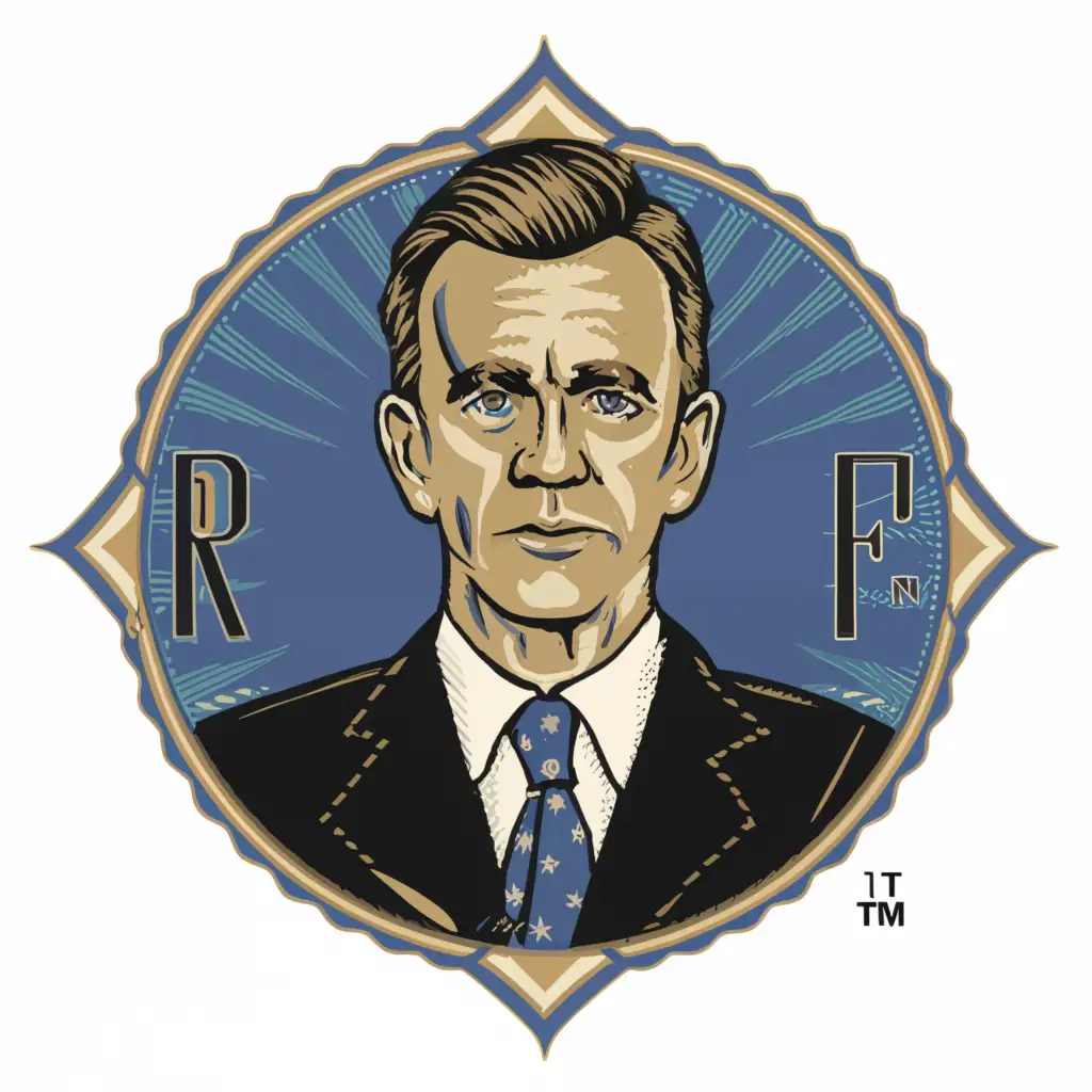 a logo design,with the text "R.F.K. Jr For president 2024", main symbol:Robert F. Kennedy Jr with one blue eye, wearing a dress shirt with the first button unbuttoned. R.F.K. for president in writing.,complex,clear background