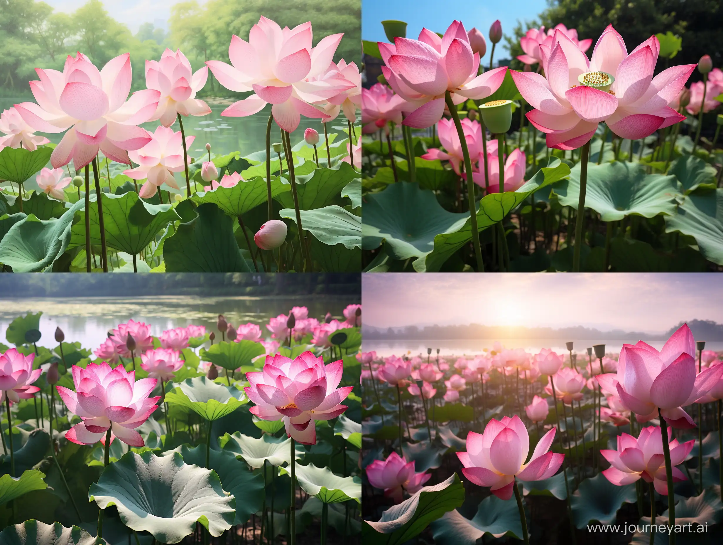 粉色荷花，绿色荷叶，池塘，真实摄影，逼真