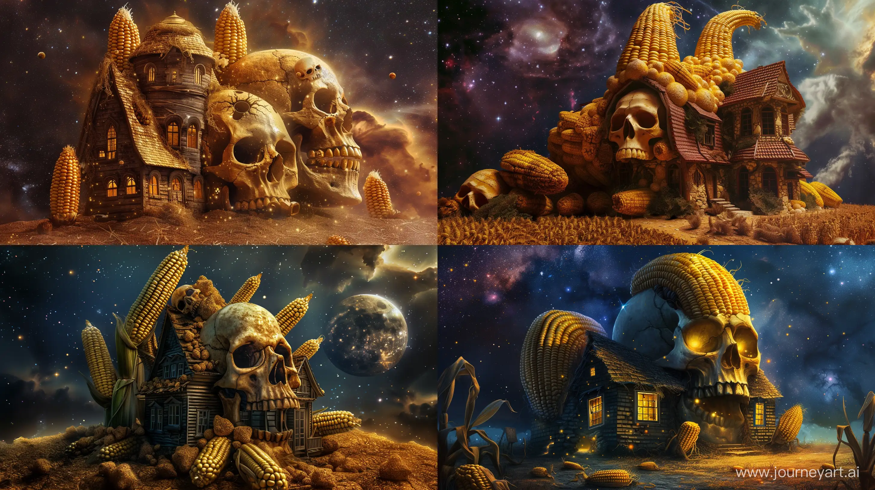 big house in the shape of corn and skull, in the galaxy, fantasy style, realistic --ar 16:9