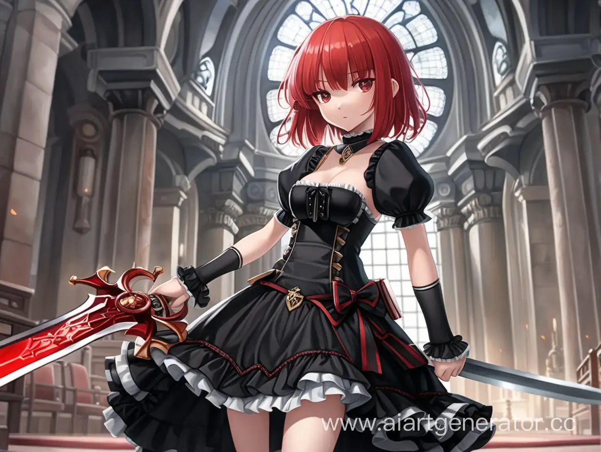 Аниме девушка с красными волосами каре, черное круживное платье и большой меч 