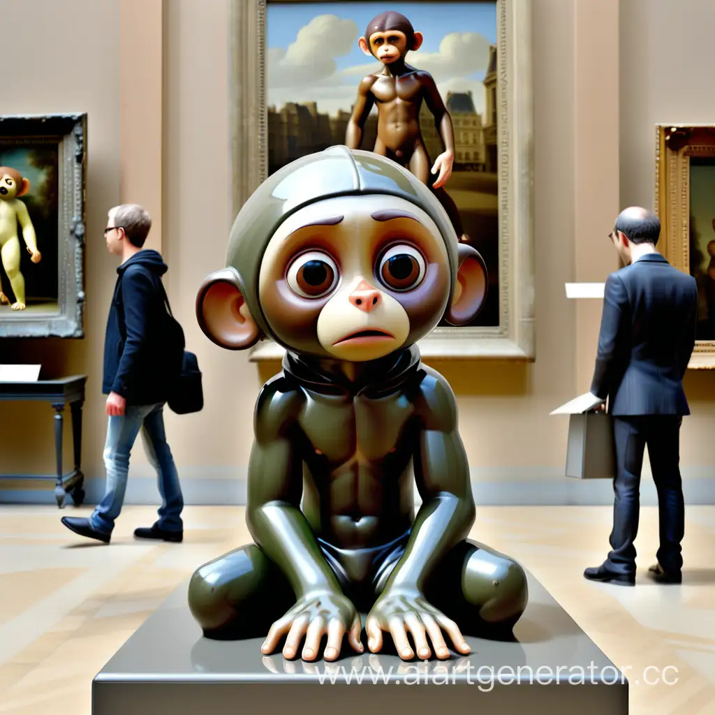 Статую "Писающий мальчик" Перенесли в Лувр. На заднем плане виден персонаж "Чебурашка" рассматривает картины.