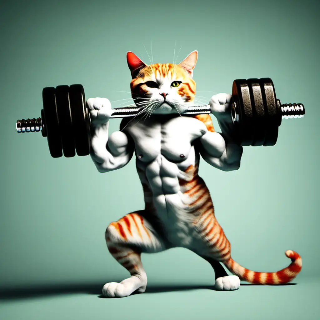 real life cat with muscles lifting a dumbbell

