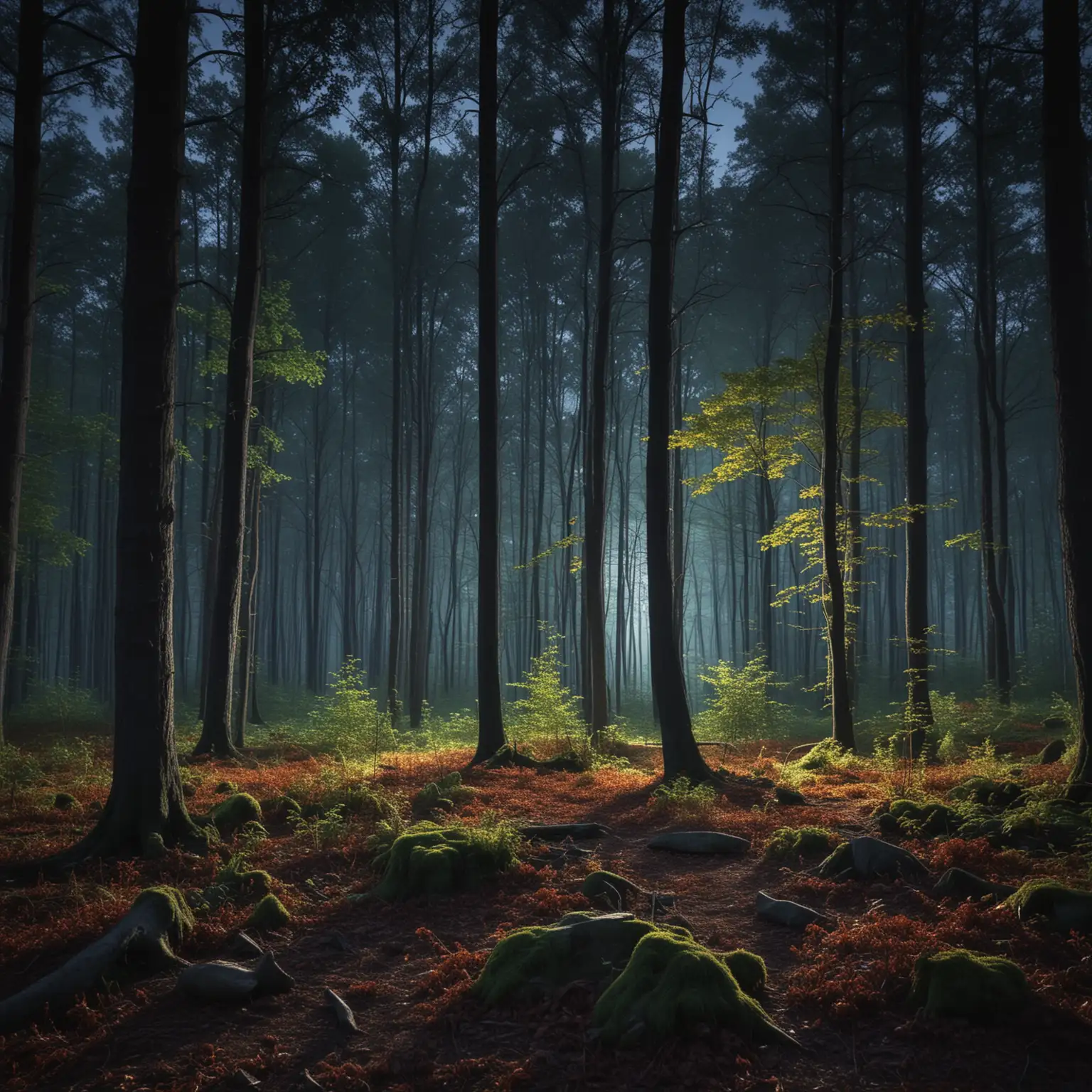 Creat an image of a heavily wooded forest in the night full of rich color gently illuminated by moonlight from eye level perspective 