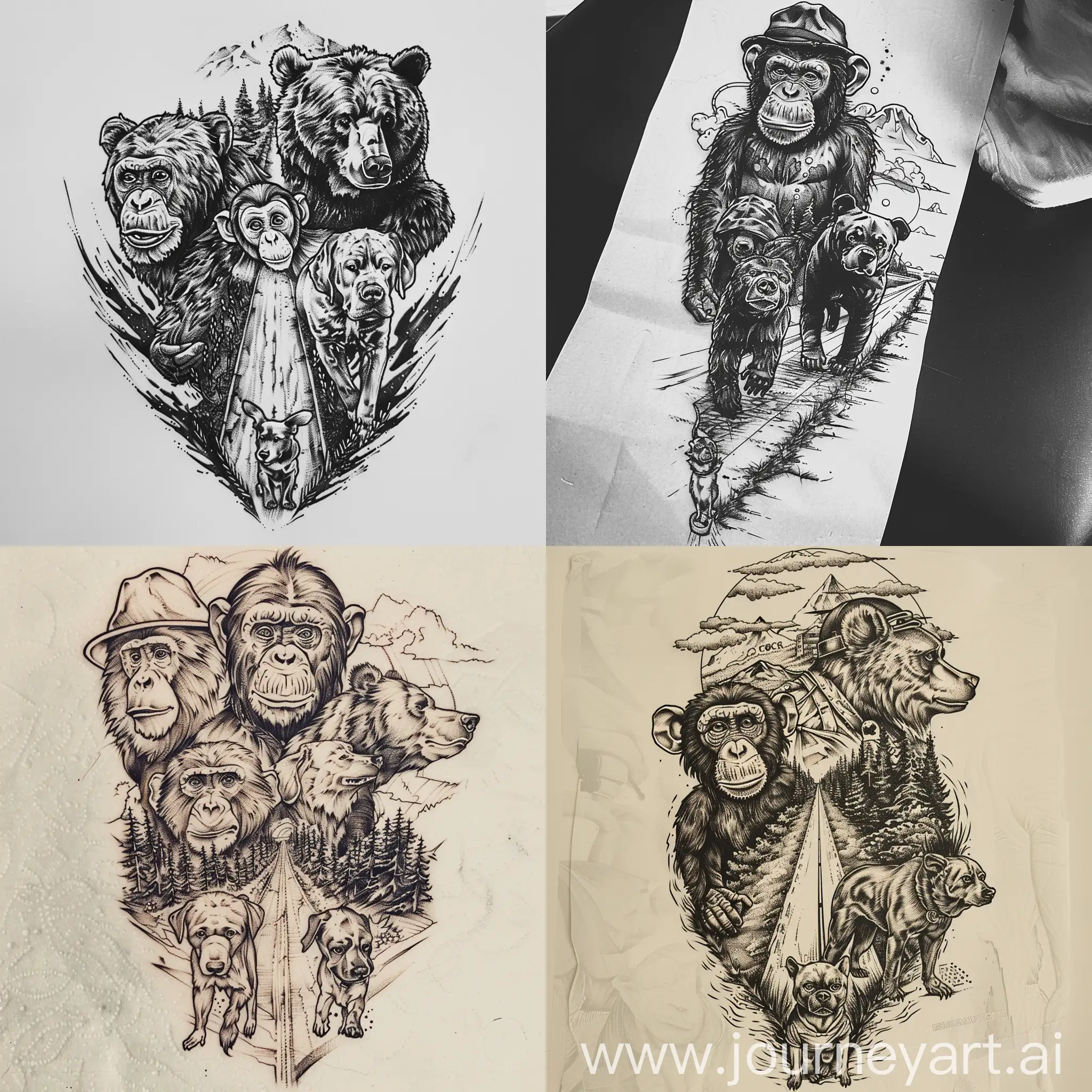A tattoo design of a monkey, a bear, and a dog all walking together down a long road through the country.