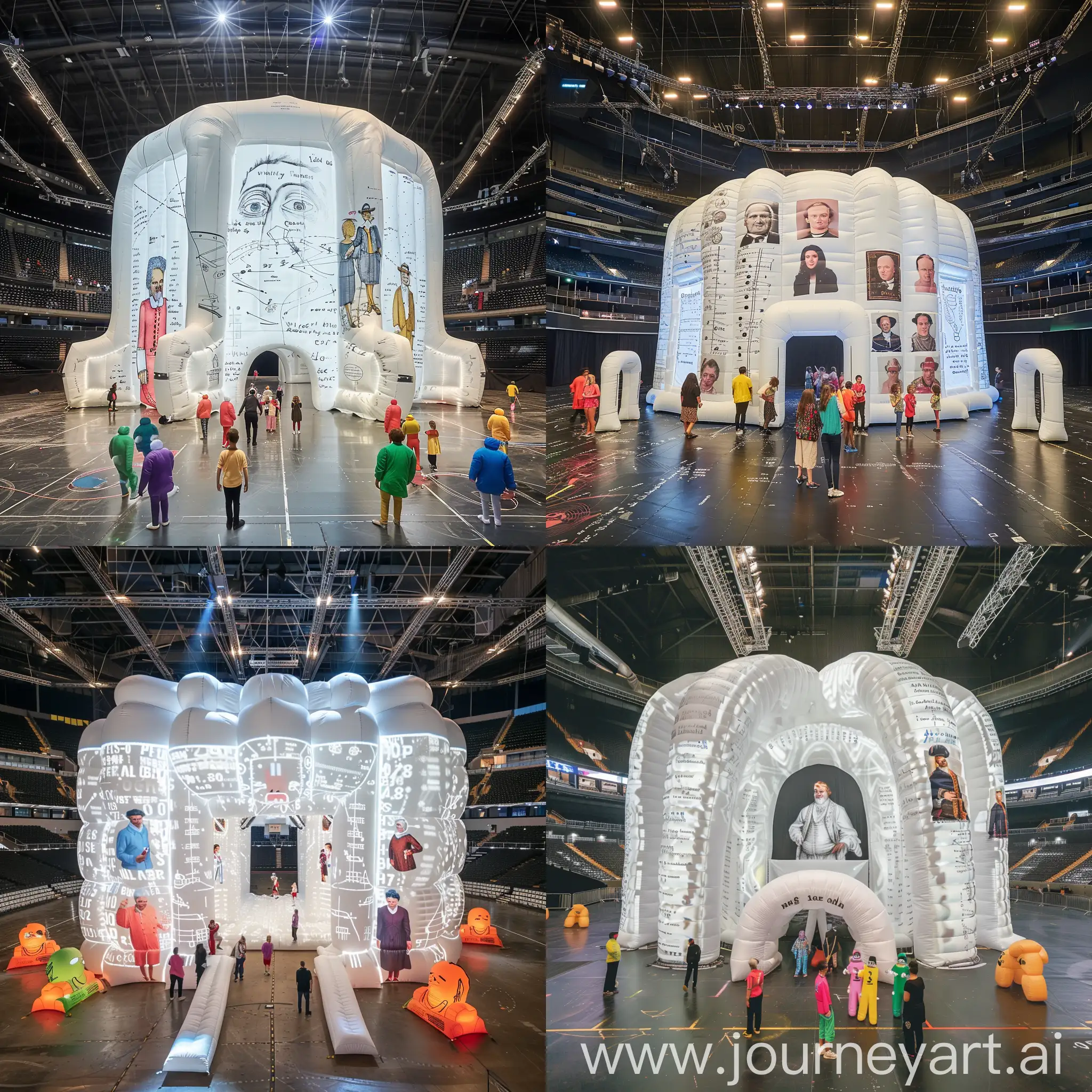 Seen inside the manchester arena is a centrally placed 15 meter by 15 meter white inflatable structure with entrance for happy colourful people. The inflatable structure is covered with projected images of historical clever people. The arena floor and walls are covered with projected scientific formula. There are smaller inflatable structure surrounding the central structure