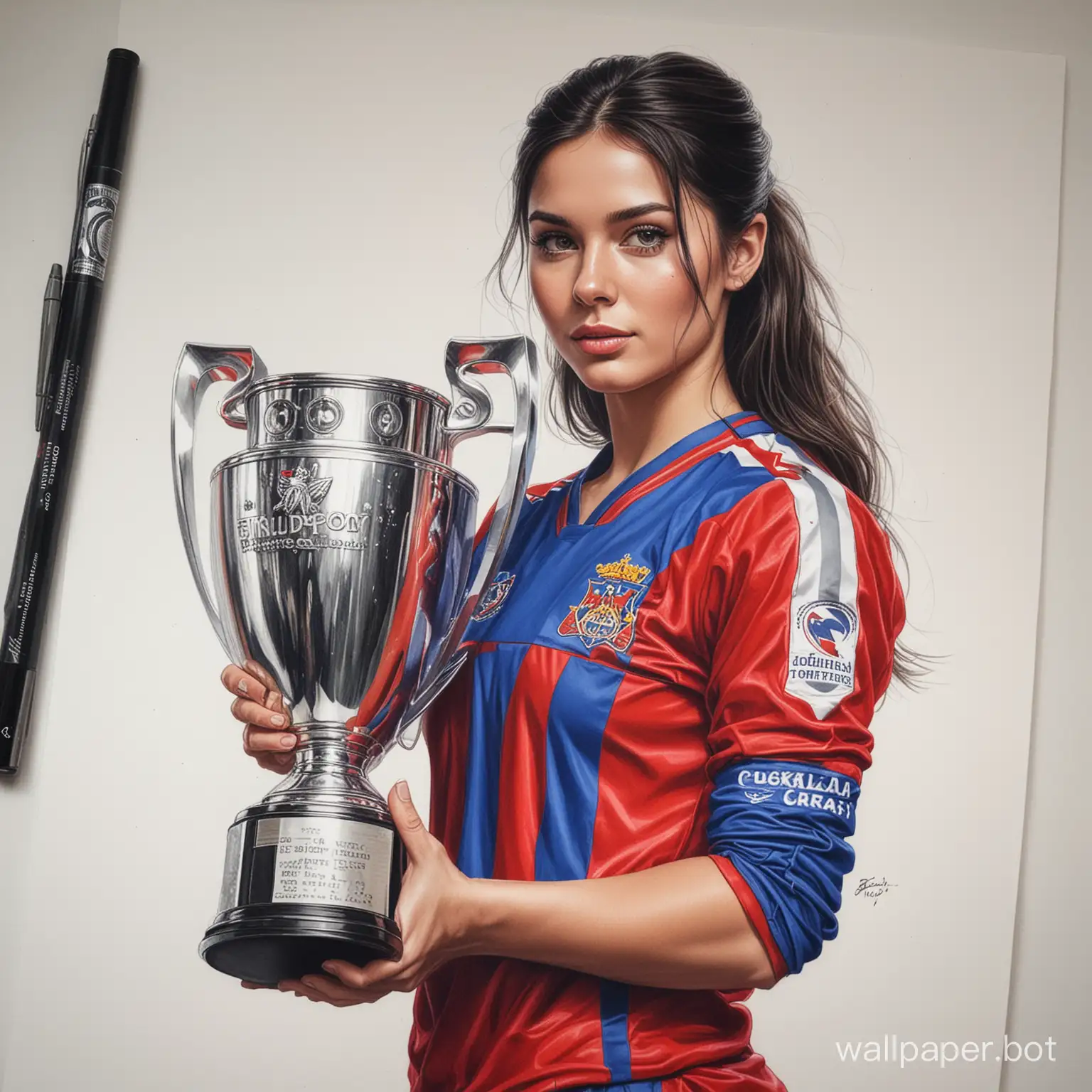 sketch young Elena MacArthur 26 years old dark hair 4 cup size narrow waist in CSKA football uniform holding a large trophy champions white background high realism drawing with colored marker sexy