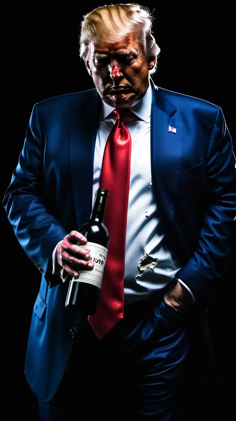 black background:::donald j trump::extremely drunk::slumping:sad:horribly tattered blue suit with solid red tie::cheap bottle of wine in his hand