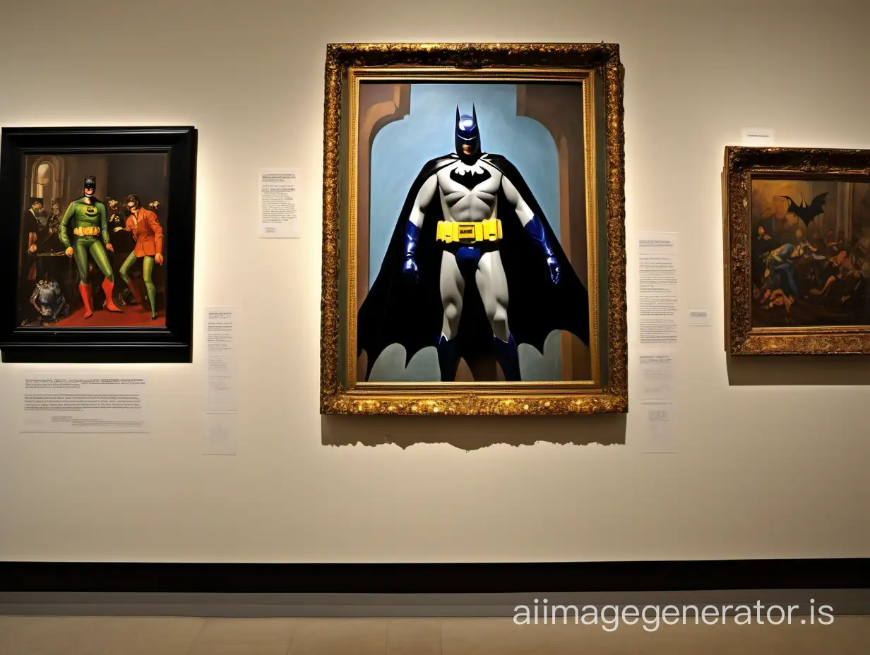 Photo of: a framed Painting of a 1970s Batman action figure, mannerist art style, depicting an action scene, mannerism; photo shows painting hanging in fancy art museum amongst other mannerist paintings